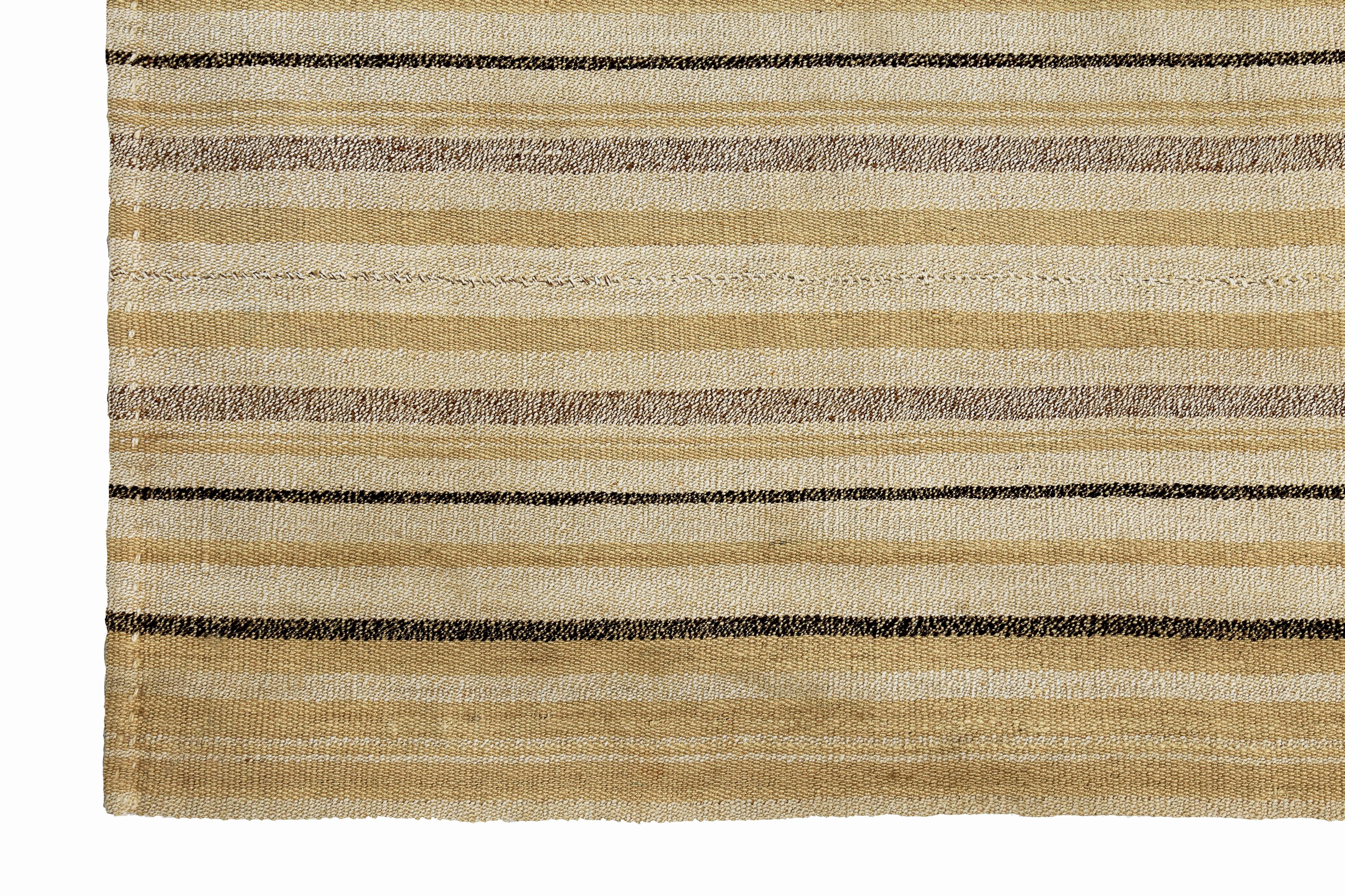 Hand-Woven Turkish Kilim Runner Rug with Black & Ivory Stripes on Beige Field For Sale