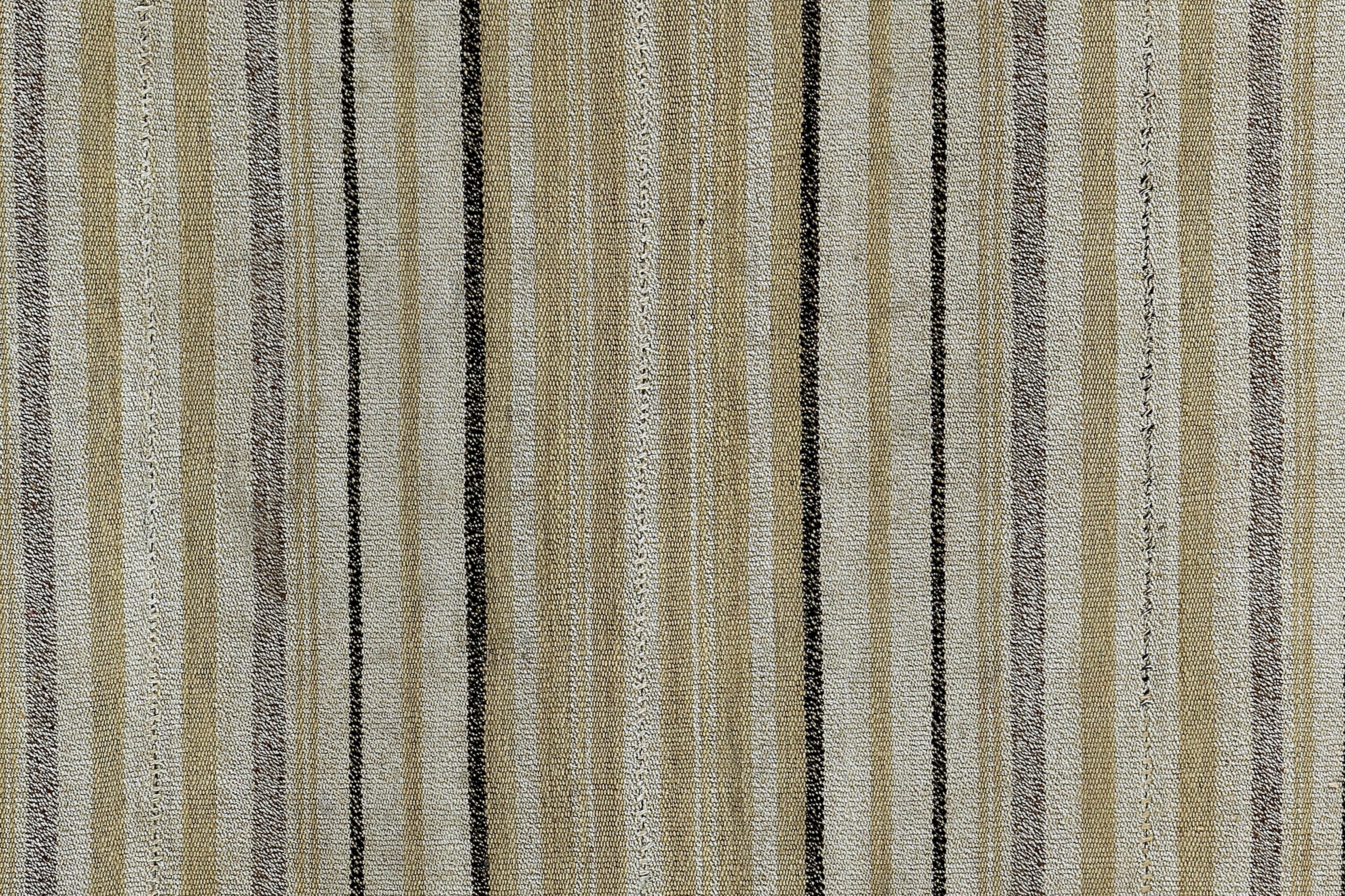 Turkish Kilim Runner Rug with Black & Ivory Stripes on Beige Field In New Condition For Sale In Dallas, TX