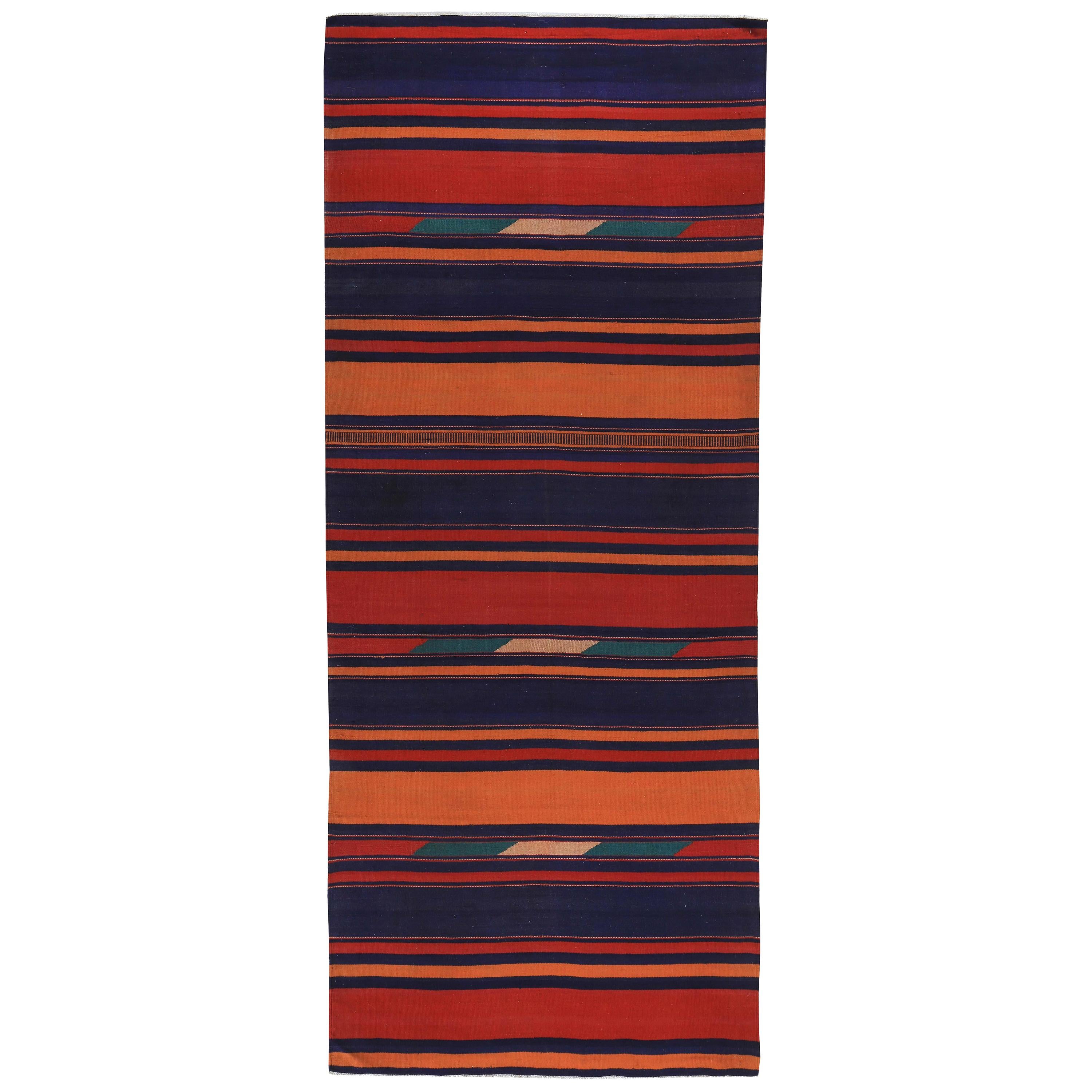 Turkish Kilim Runner Rug with Blue and Orange Stripes For Sale