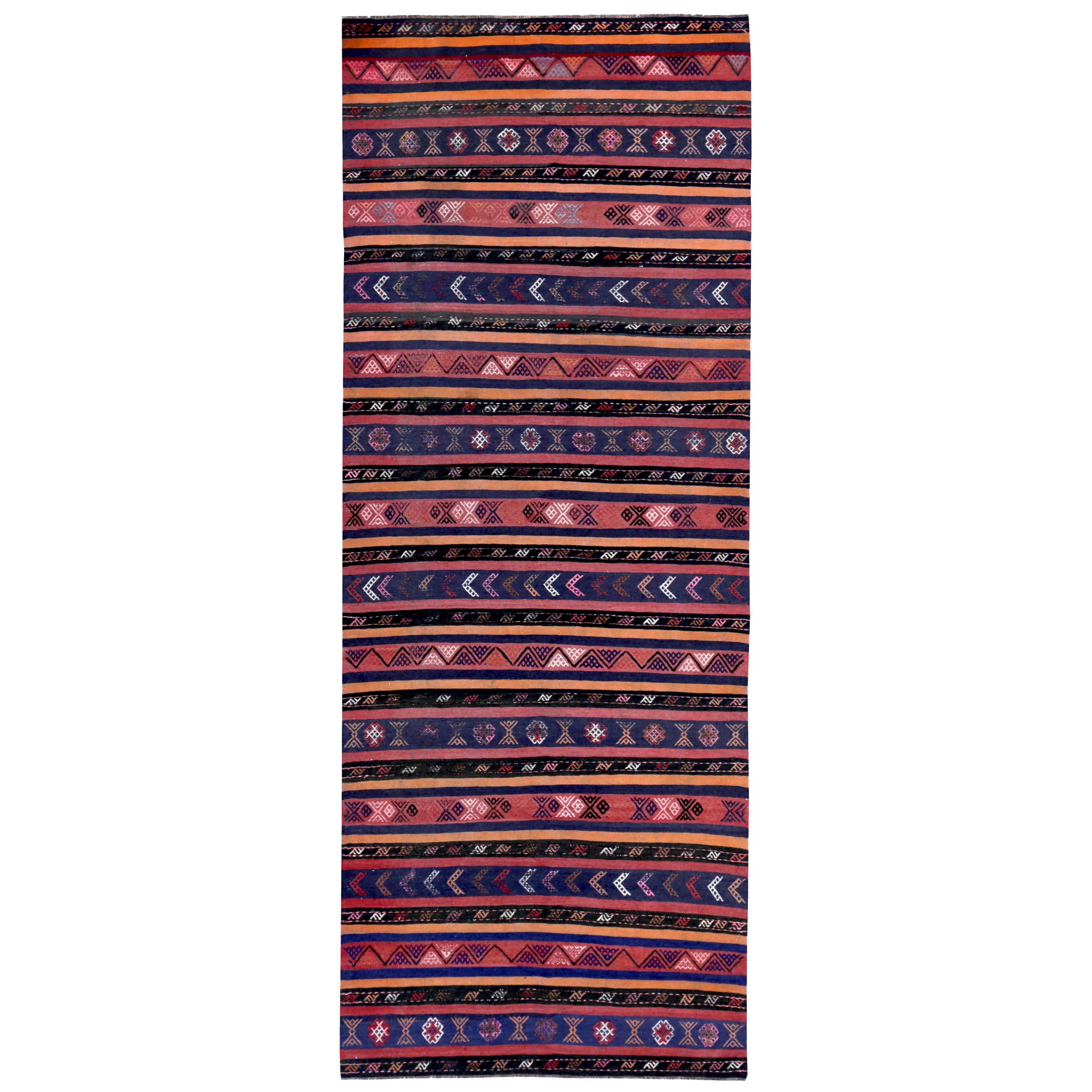 Turkish Kilim Runner Rug with Blue, Orange and Pink Tribal Stripes For Sale