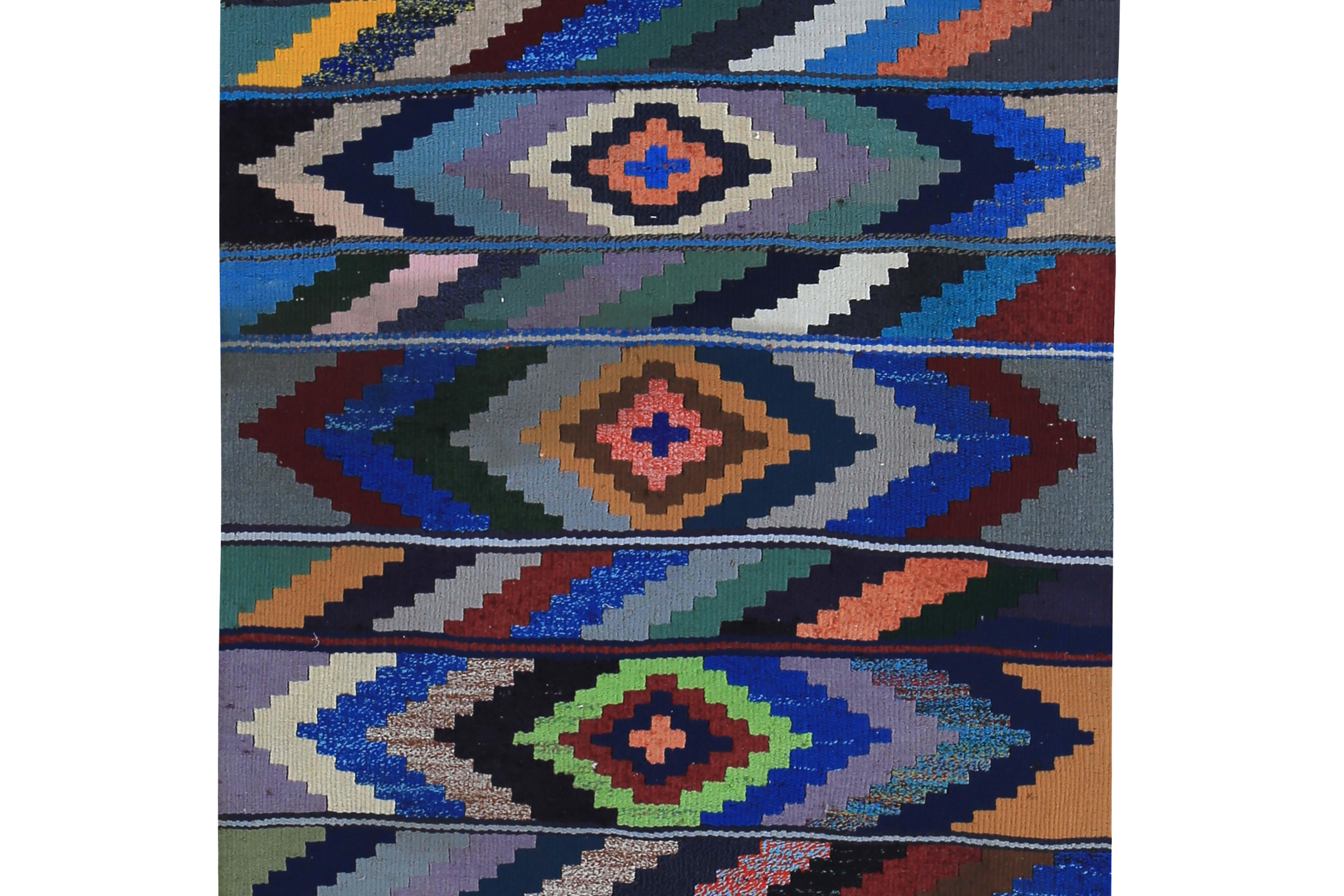 Turkish Kilim Runner Rug with Blue, Orange and Brown Tribal Diamonds In New Condition In Dallas, TX