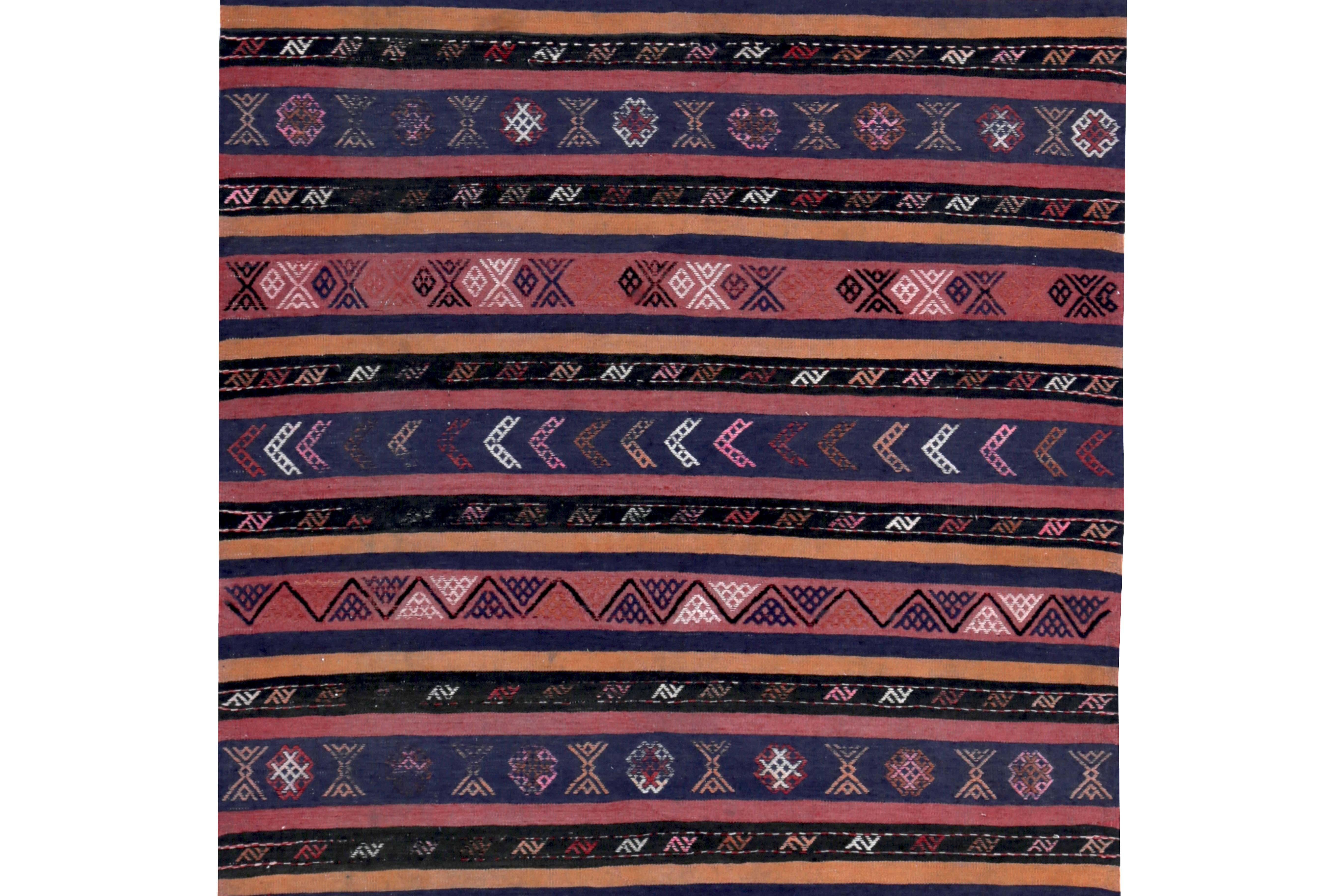 Hand-Woven Turkish Kilim Runner Rug with Blue, Orange and Pink Tribal Stripes For Sale