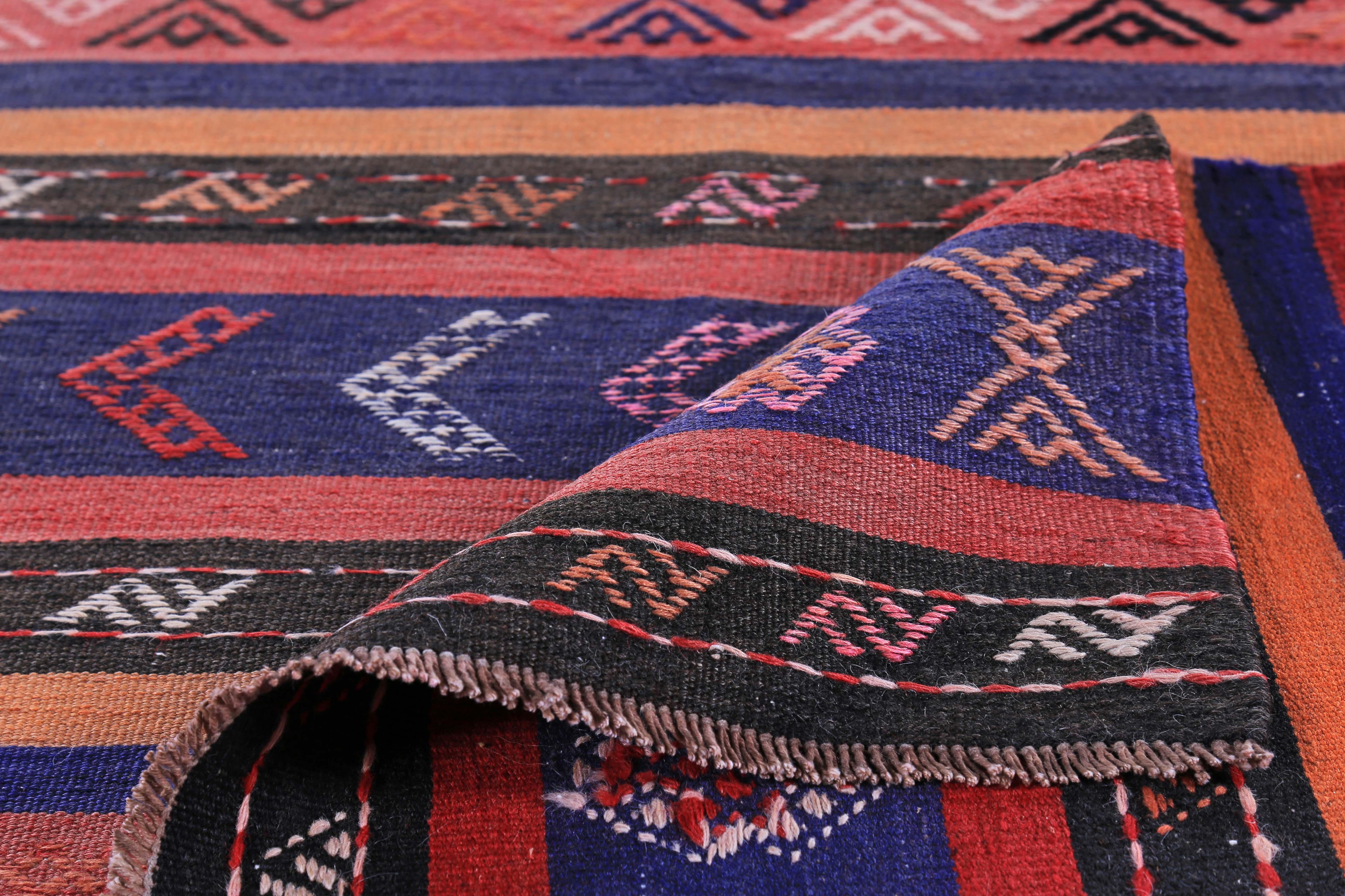 Turkish Kilim Runner Rug with Blue, Orange and Pink Tribal Stripes In New Condition For Sale In Dallas, TX