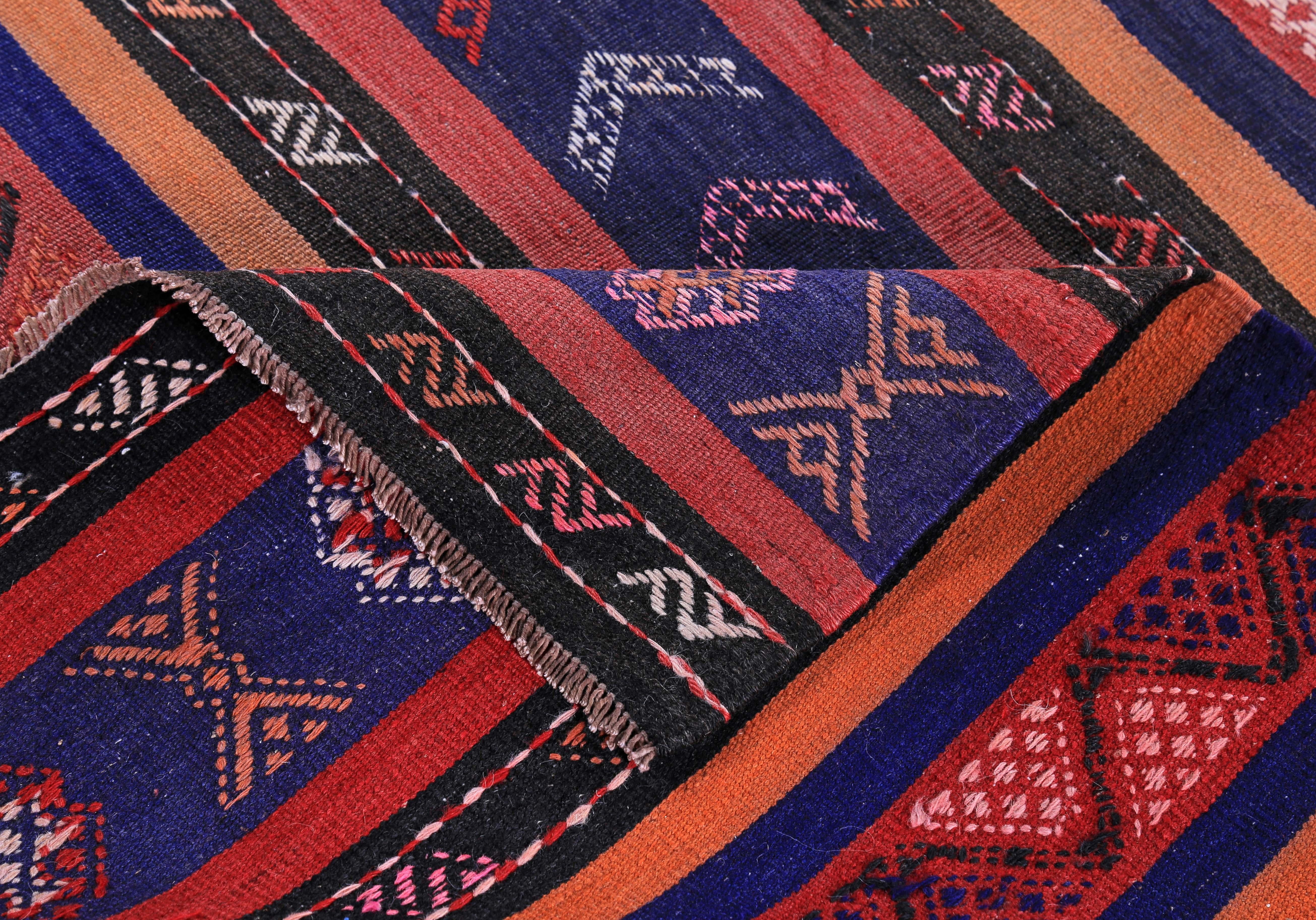 20th Century Turkish Kilim Runner Rug with Blue, Orange and Pink Tribal Stripes For Sale