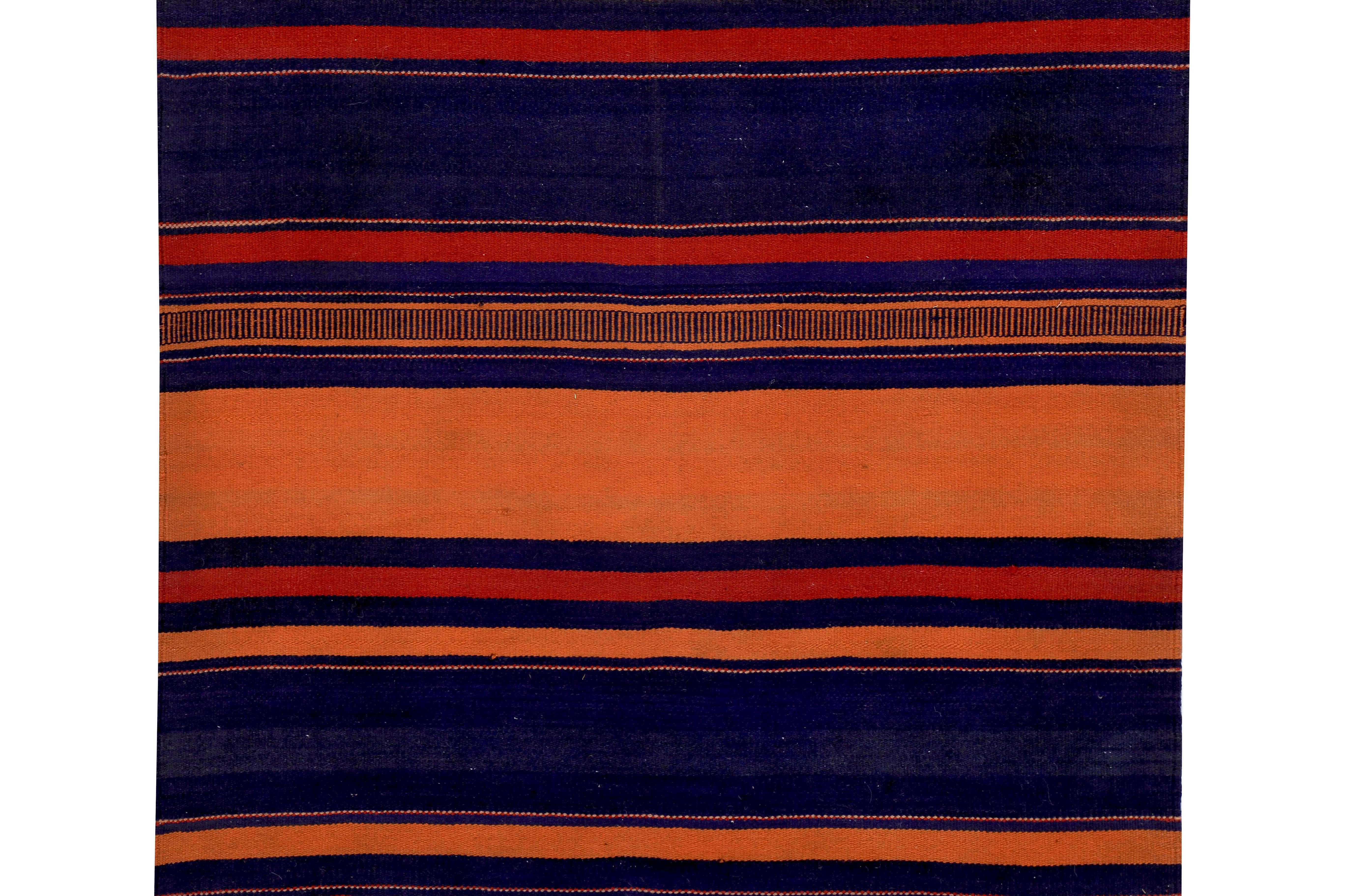 Hand-Woven Turkish Kilim Runner Rug with Blue and Orange Stripes For Sale