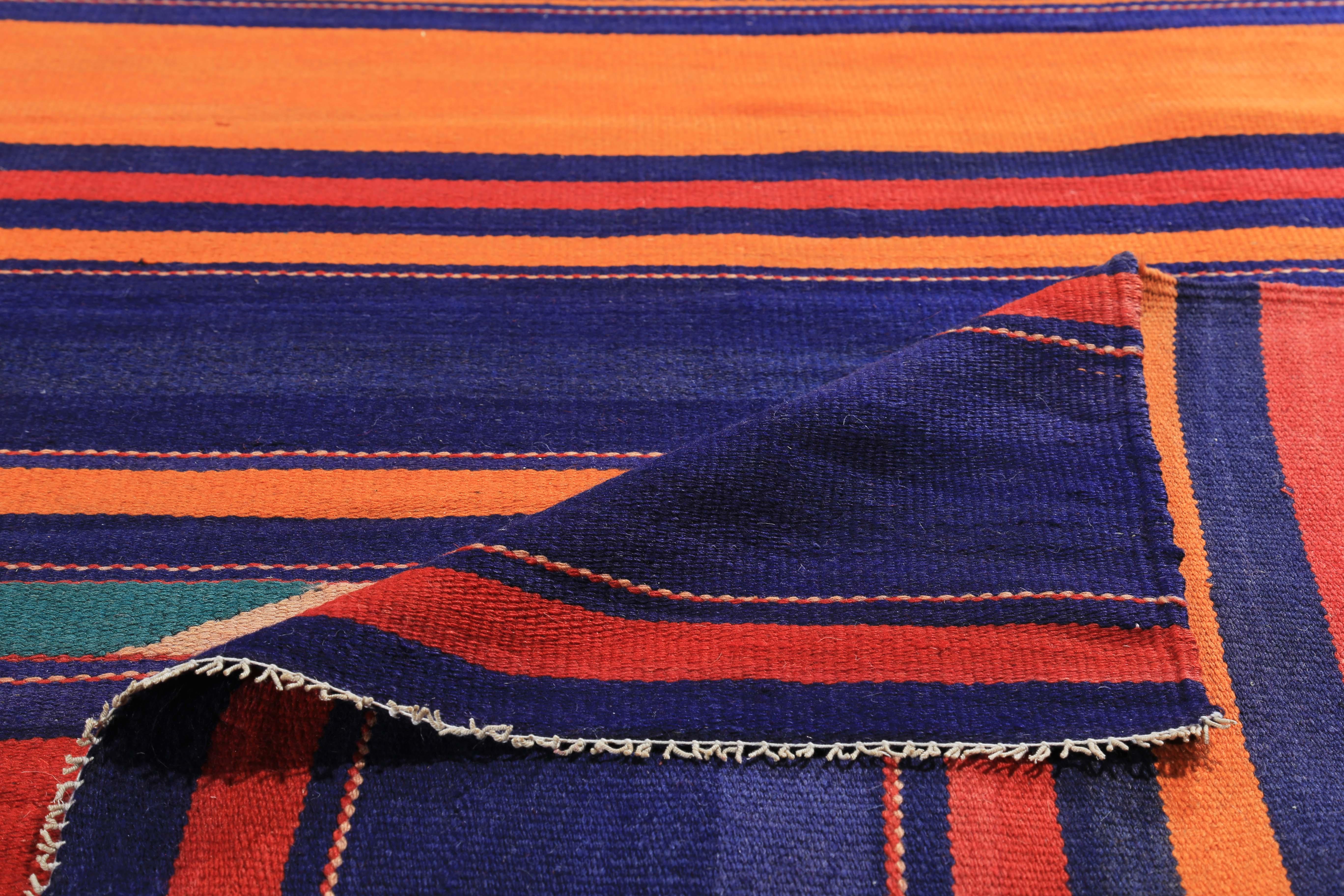 Turkish Kilim Runner Rug with Blue and Orange Stripes In New Condition For Sale In Dallas, TX