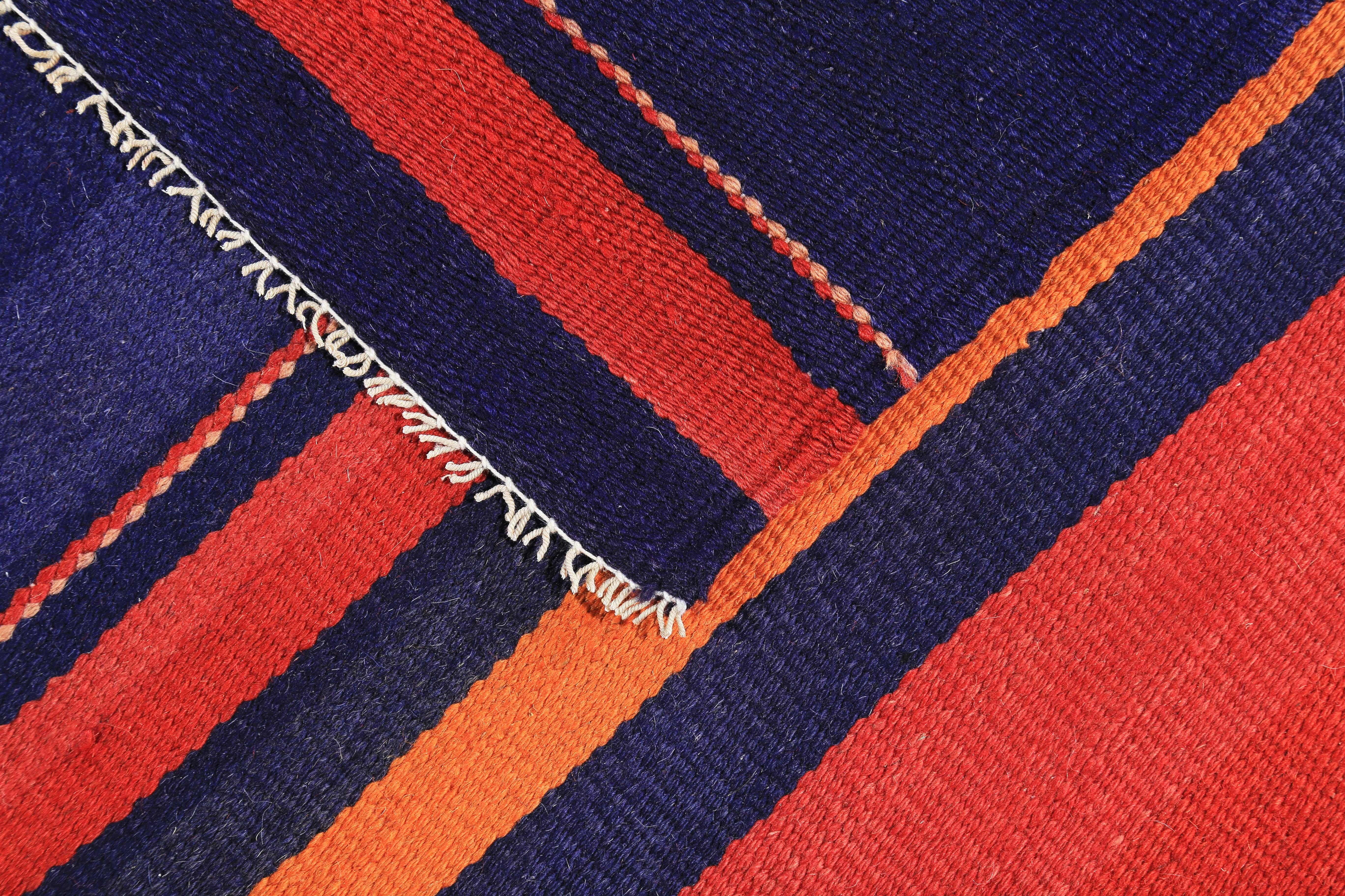 Contemporary Turkish Kilim Runner Rug with Blue and Orange Stripes For Sale