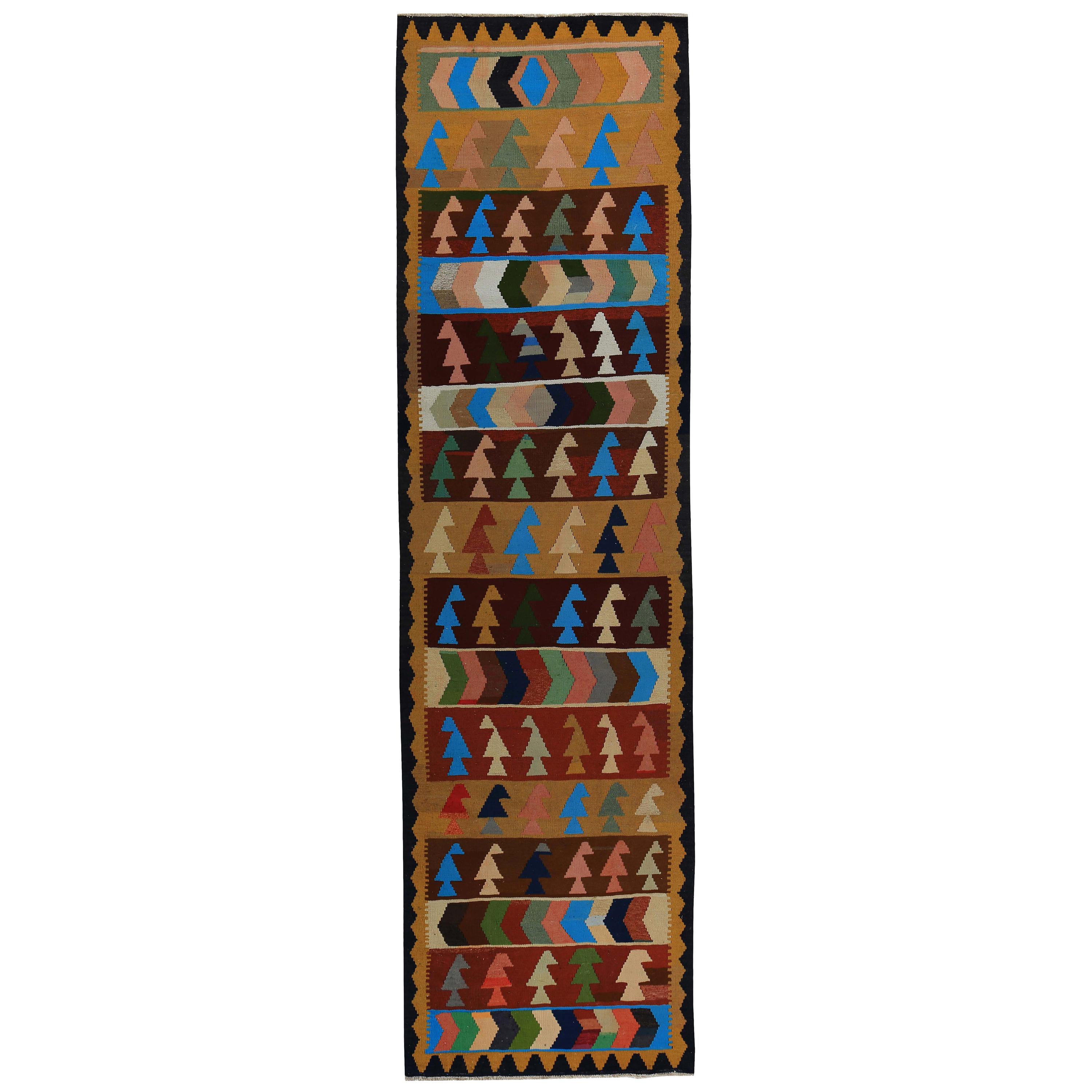 Turkish Kilim Runner Rug with Colored Tribal Details and Stripes on Brown Field