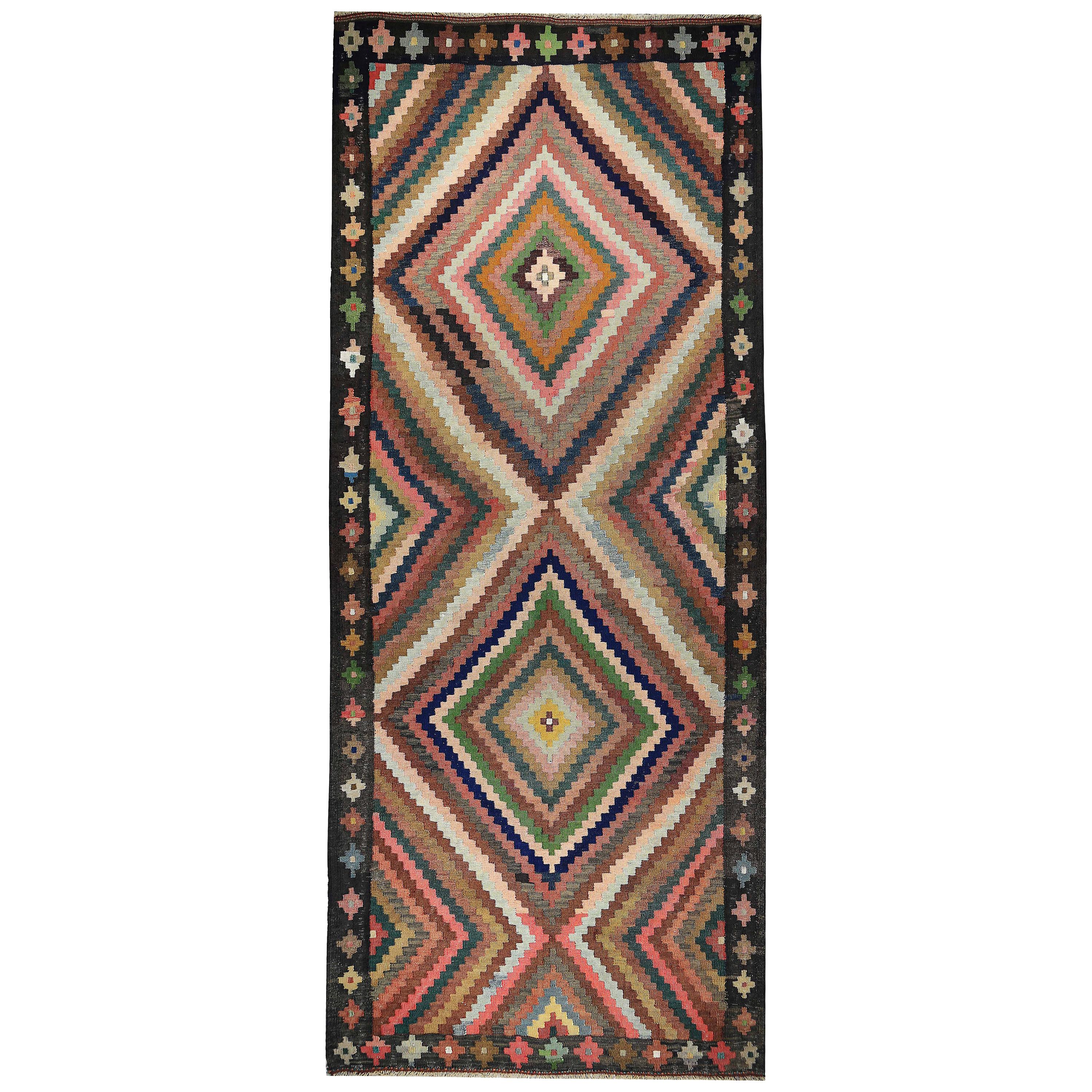 Turkish Kilim Runner Rug with Colorful Tribal Medallions and Patterns For Sale