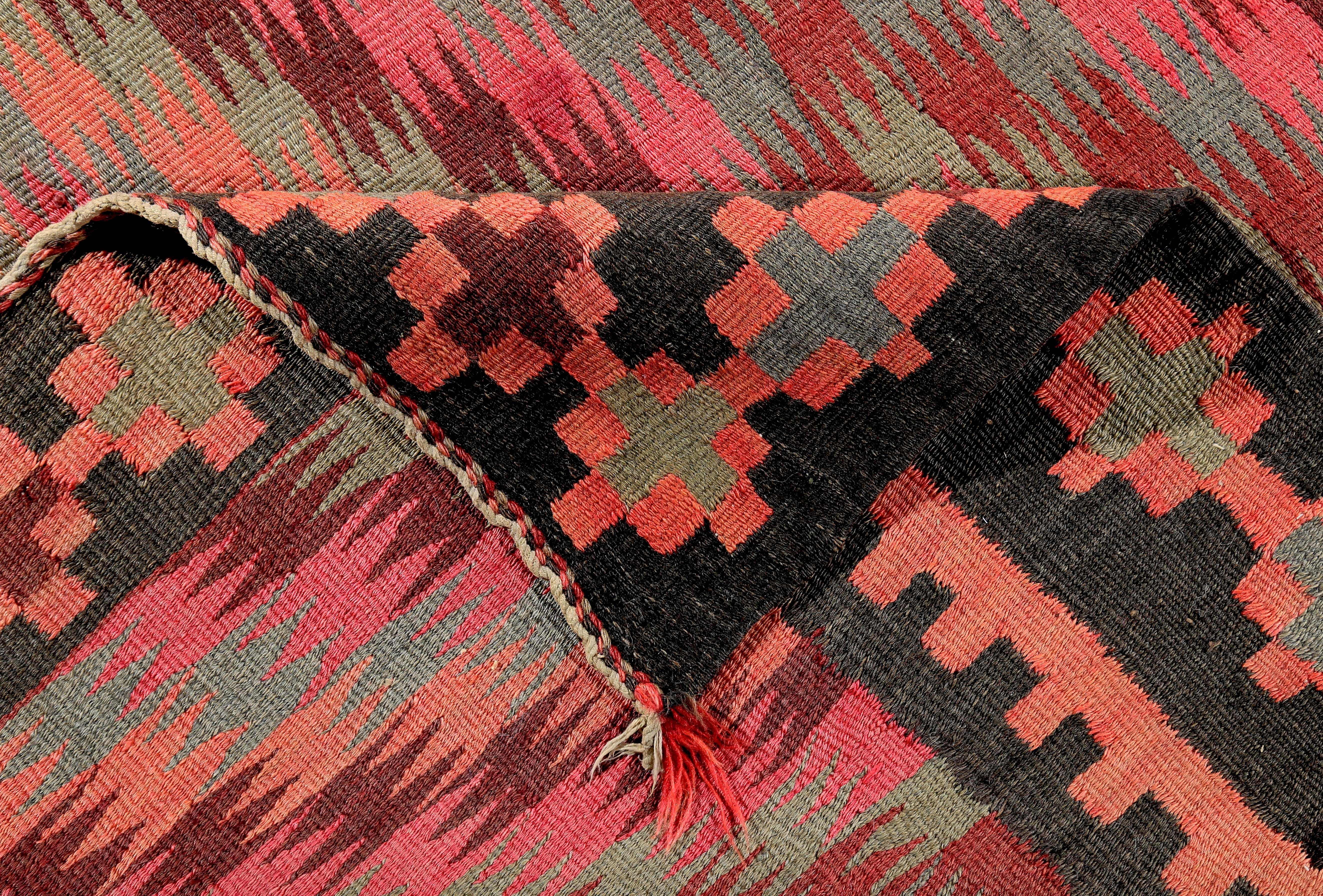 Turkish Kilim Runner Rug with Green and Pink Tribal Details on Black Field In New Condition For Sale In Dallas, TX