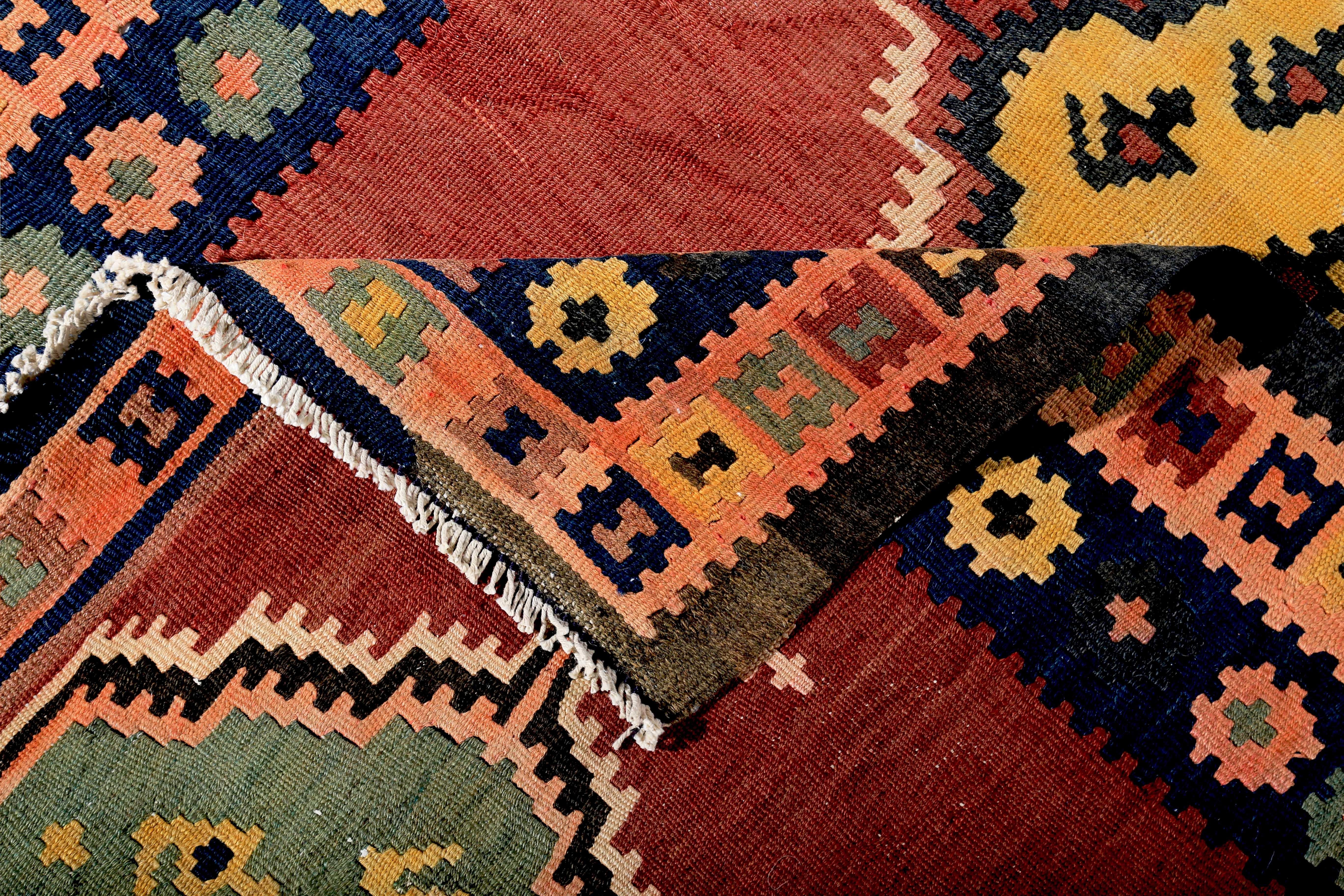 Turkish Kilim Runner Rug with Green and Yellow Tribal Medallions on Red Field In New Condition For Sale In Dallas, TX