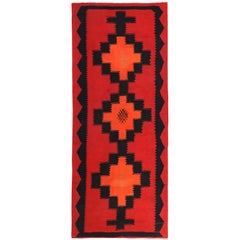 Turkish Kilim Runner Rug with Orange and Purple Tribal Diamonds on Red Field