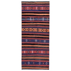 Turkish Kilim Runner Rug with Orange, Blue, Red and Black Tribal Diamonds