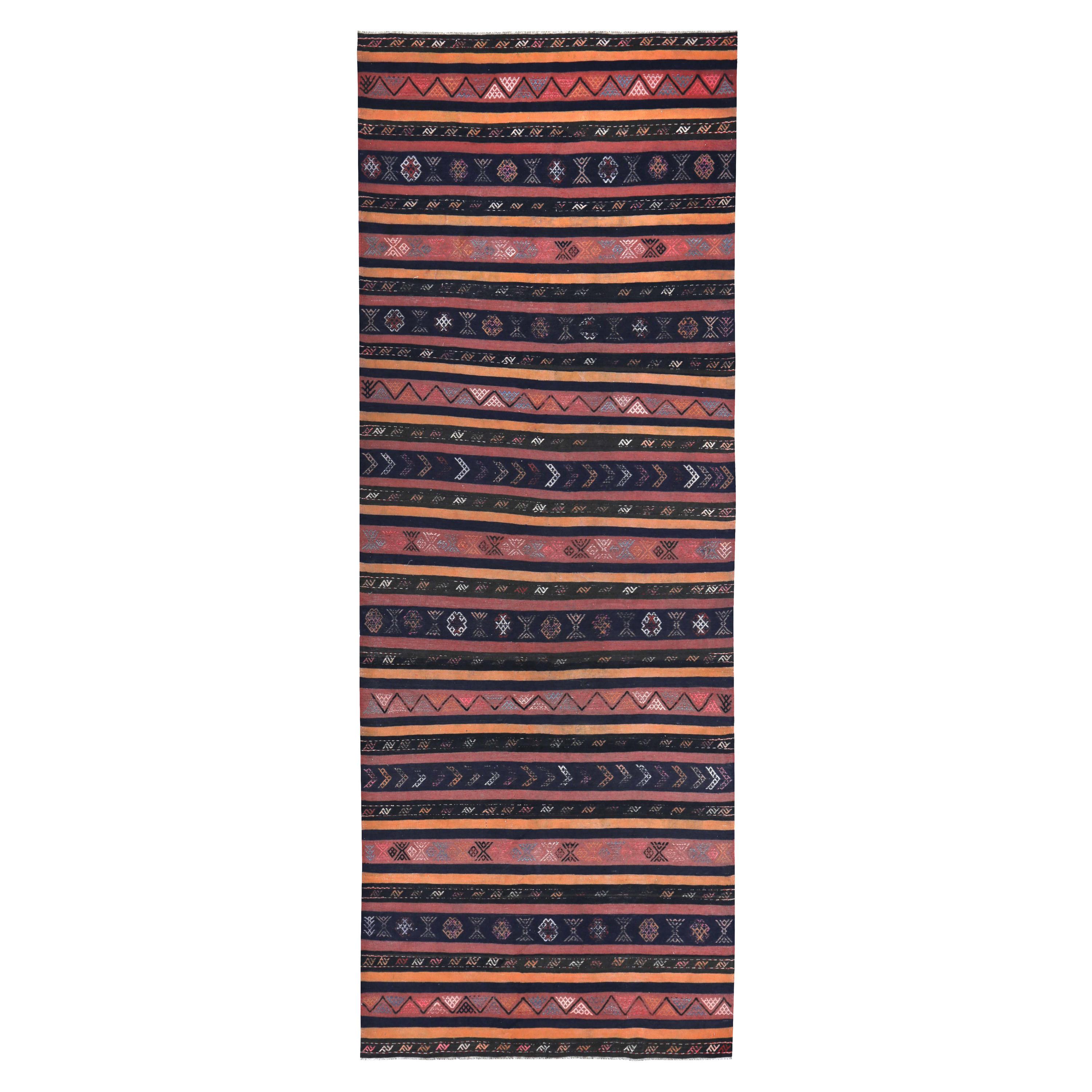 Turkish Kilim Runner Rug with Orange, Blue, Red and Black Tribal Diamonds For Sale