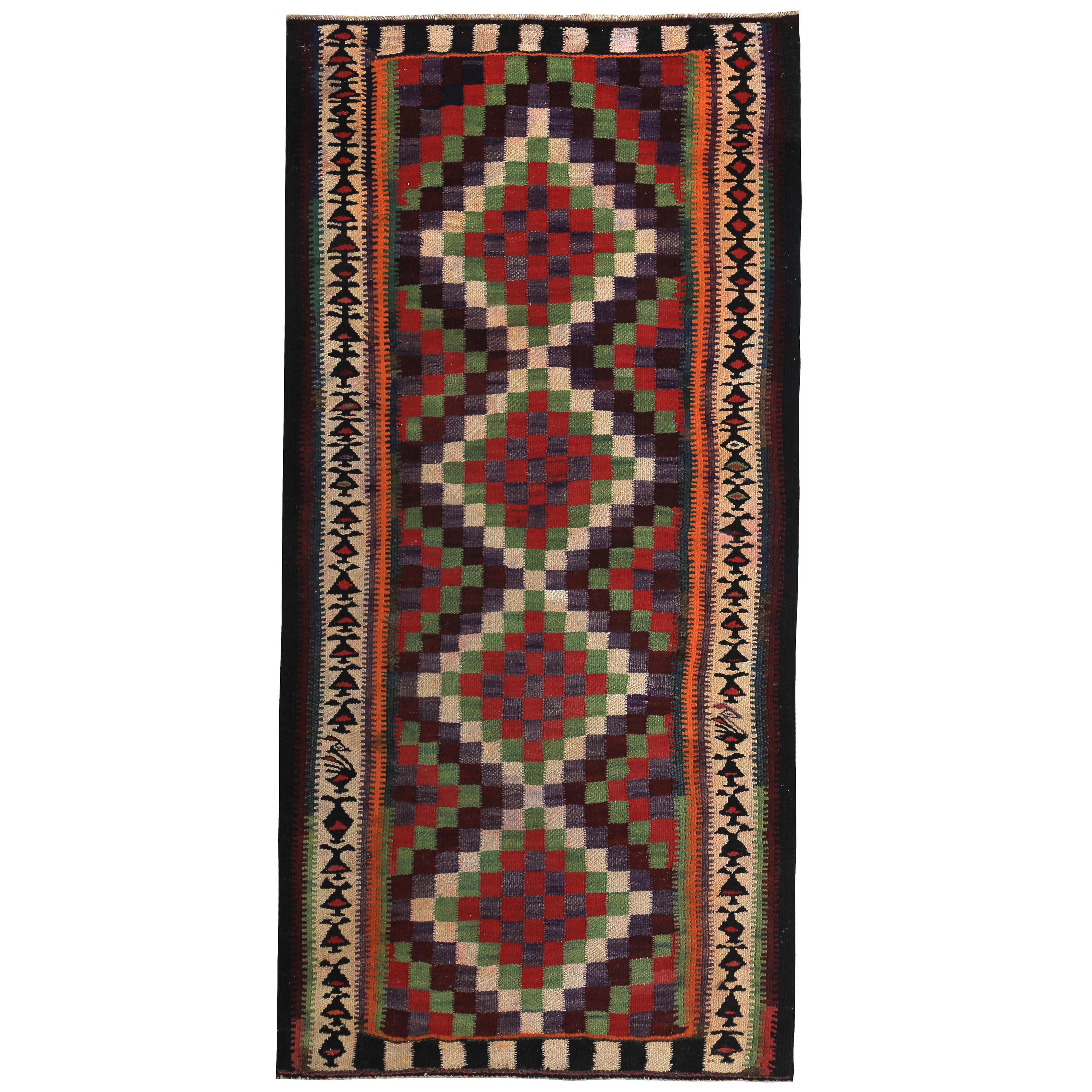 Turkish Kilim Runner Rug with Orange, Blue, Red and Green Checkered Pattern