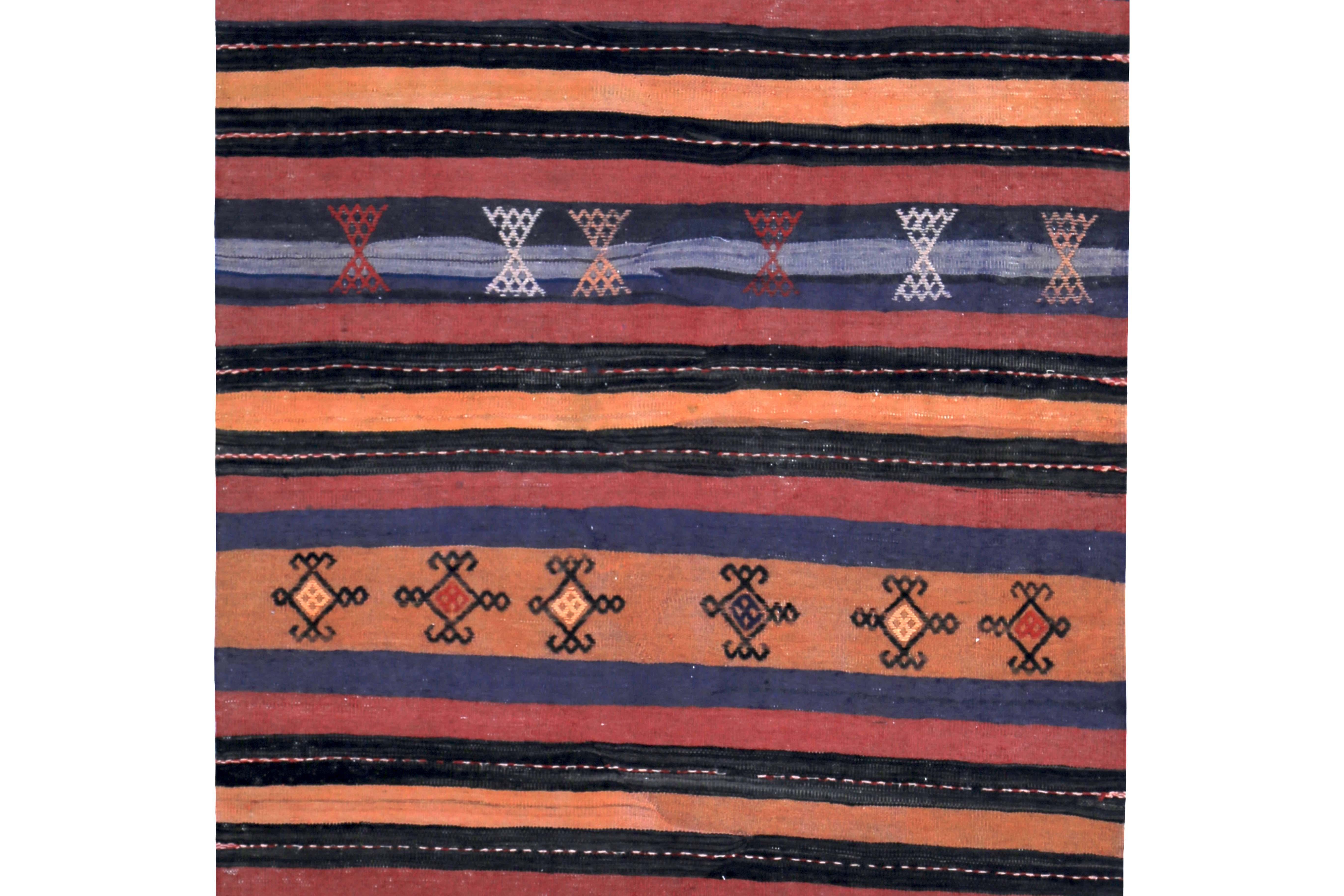 Hand-Woven Turkish Kilim Runner Rug with Orange, Blue, Red and Black Tribal Diamonds For Sale