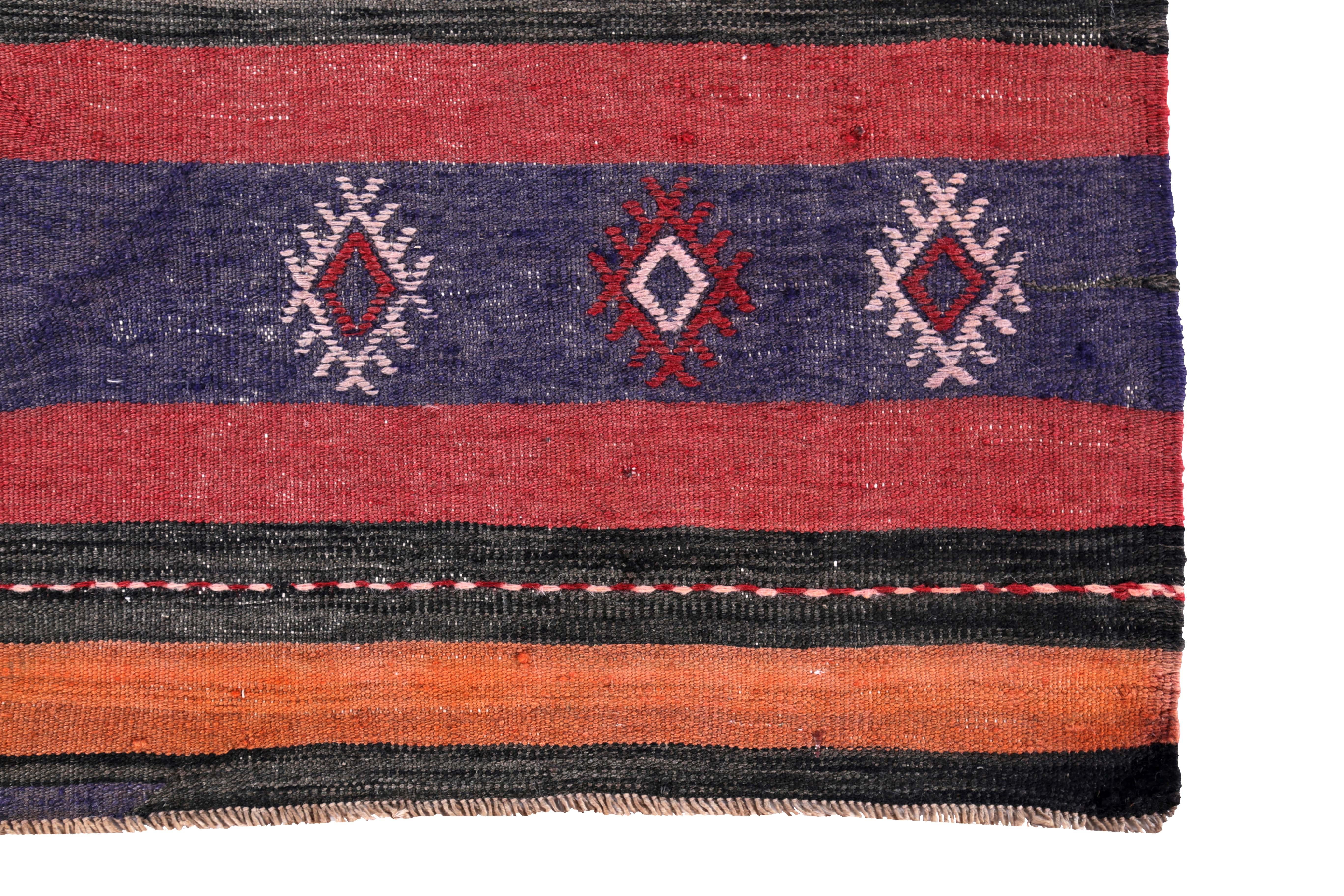 Turkish Kilim Runner Rug with Orange, Blue, Red and Black Tribal Diamonds In New Condition For Sale In Dallas, TX