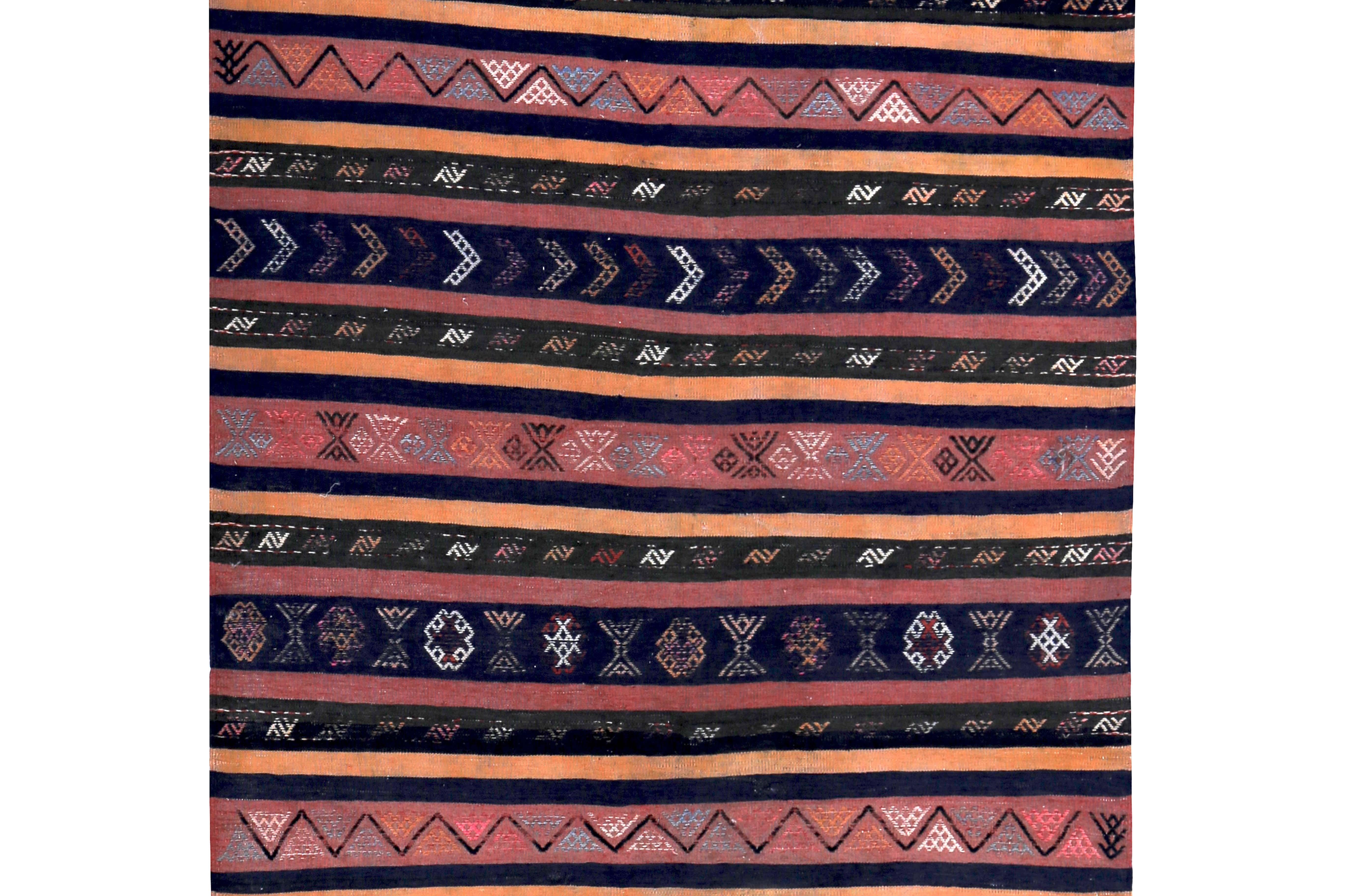 Hand-Woven Turkish Kilim Runner Rug with Orange, Blue, Red and Black Tribal Diamonds For Sale
