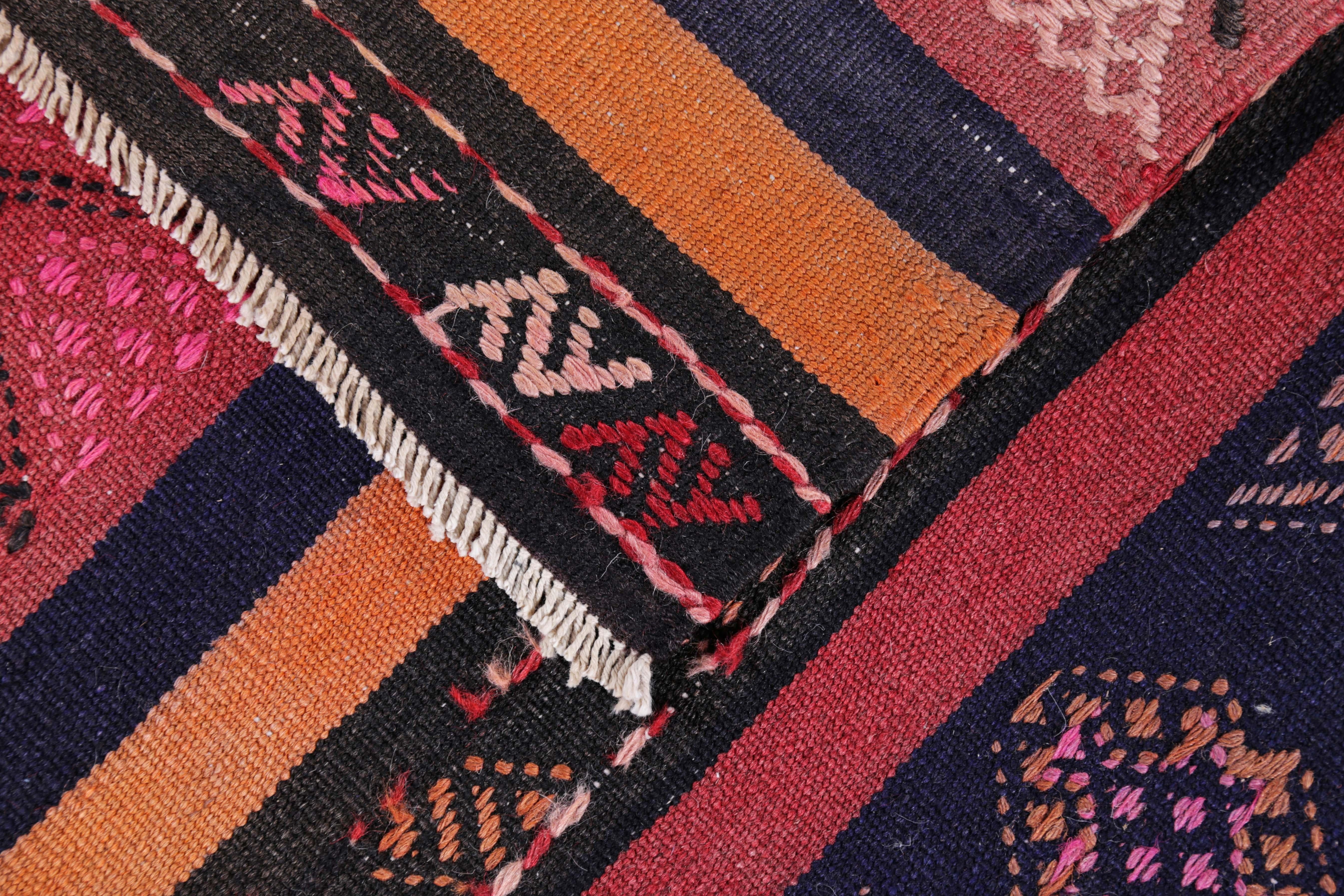 Contemporary Turkish Kilim Runner Rug with Orange, Blue, Red and Black Tribal Diamonds For Sale