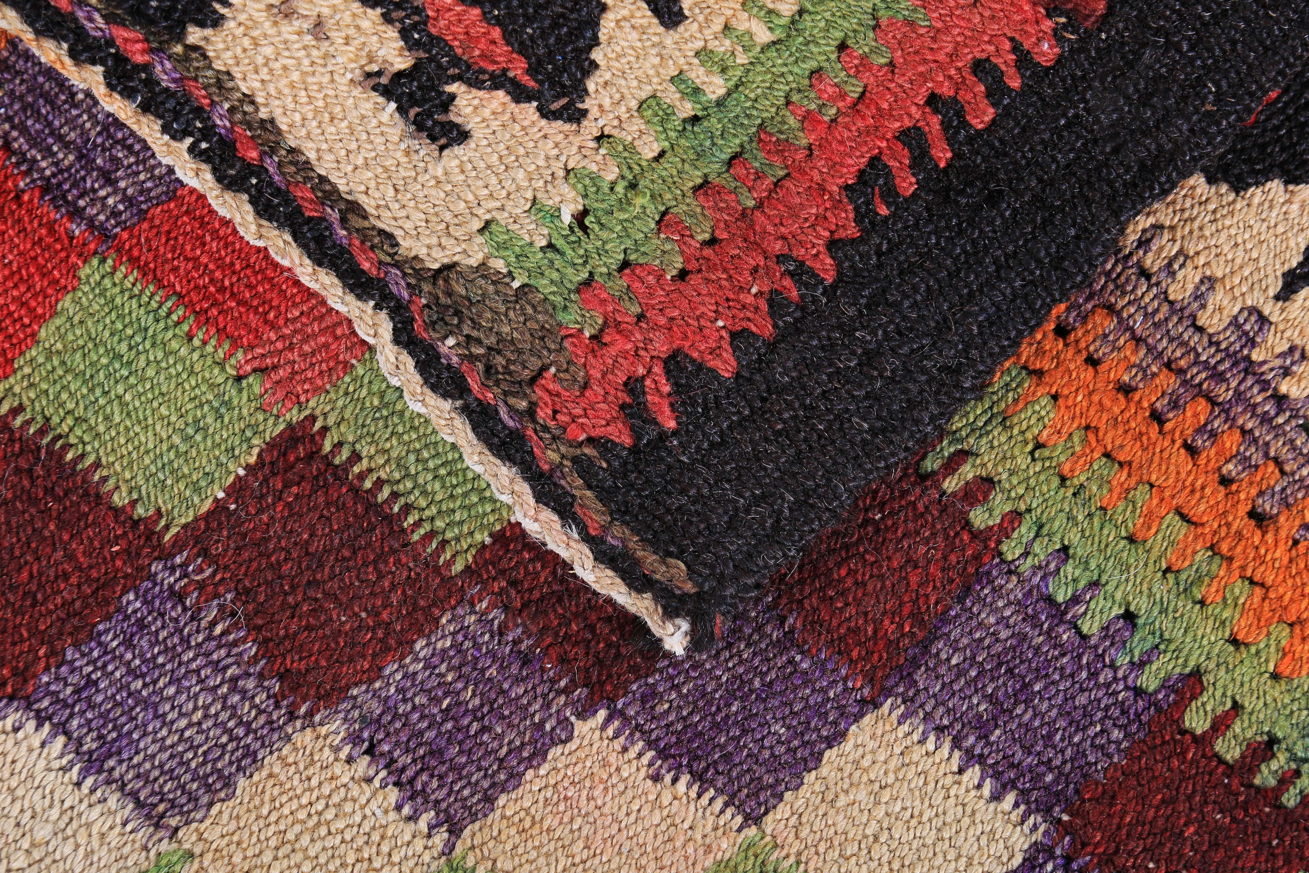 Hand-Woven Turkish Kilim Runner Rug with Orange, Blue, Red and Green Checkered Pattern For Sale