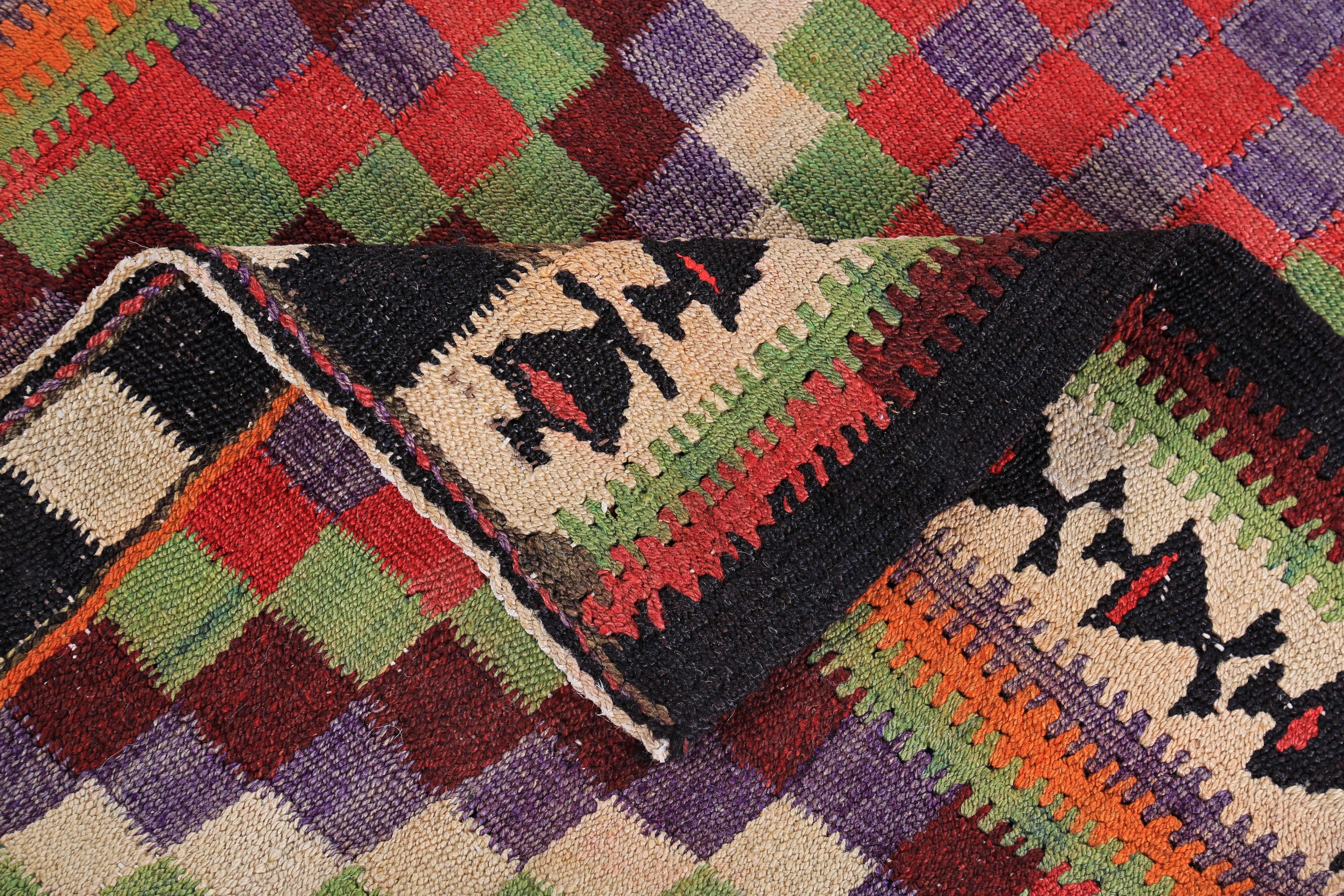 Turkish Kilim Runner Rug with Orange, Blue, Red and Green Checkered Pattern In New Condition For Sale In Dallas, TX