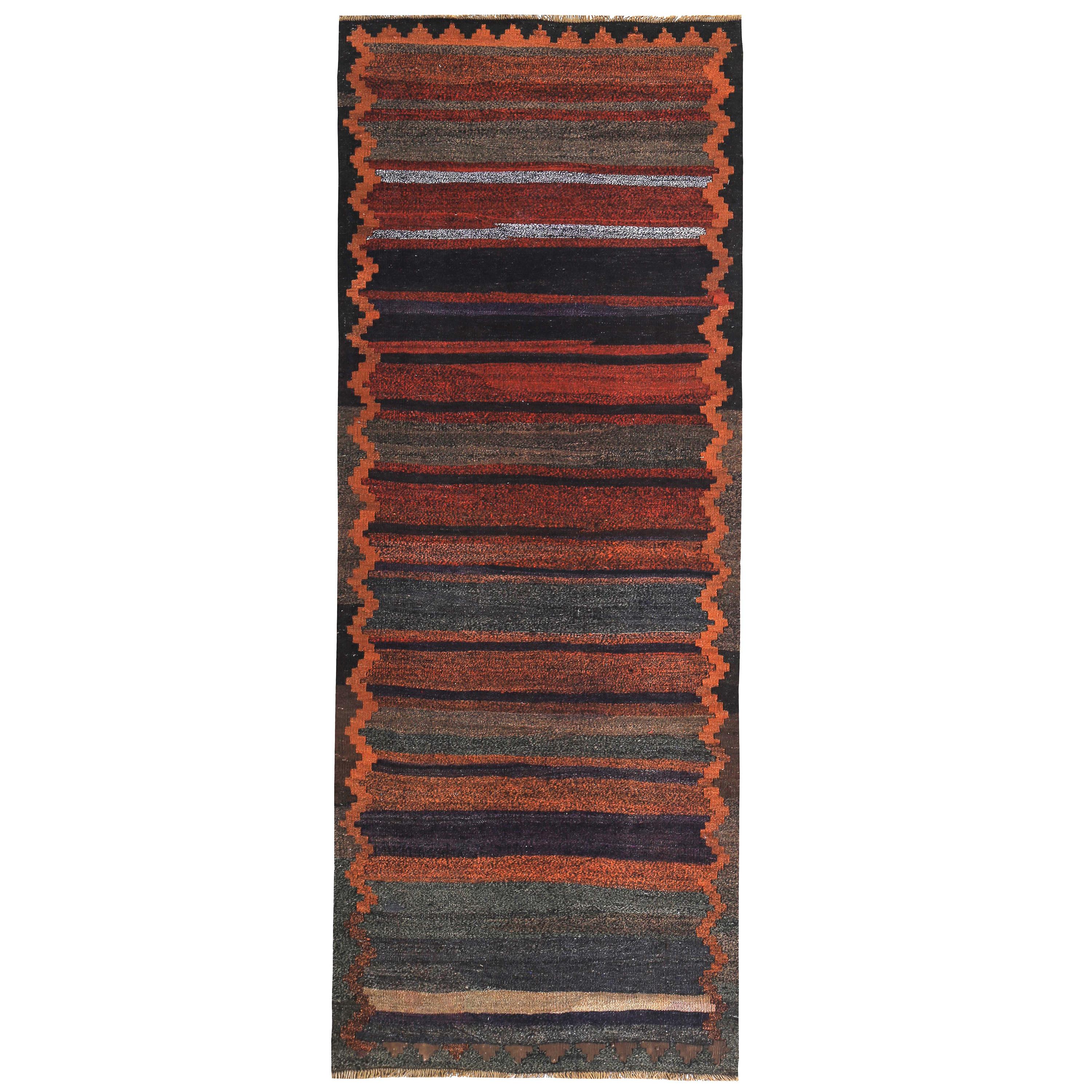 Turkish Kilim Runner Rug with Orange, Navy and Red Stripes with Tribal Design