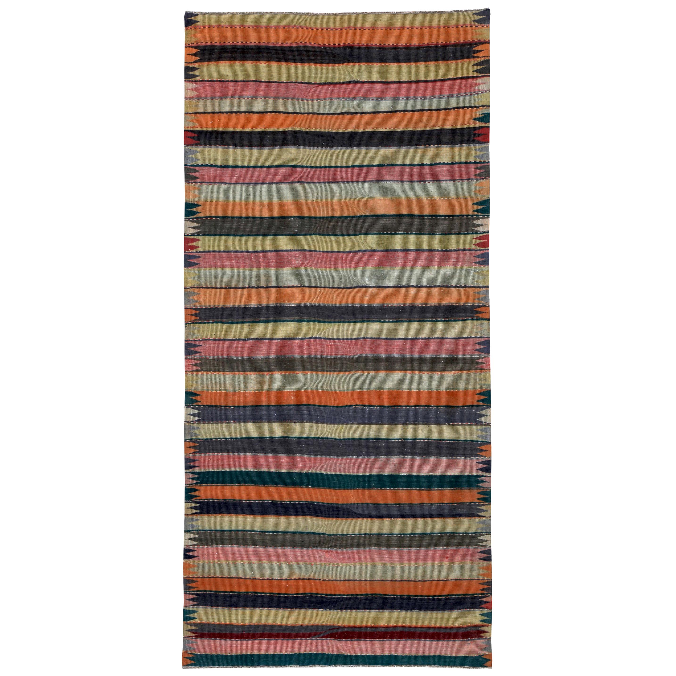Alfombra turca Kilim con rayas tribales naranjas, amarillas y rosas