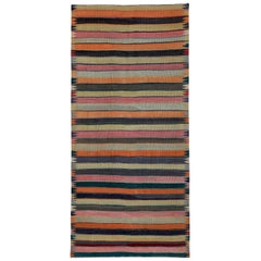 Alfombra turca Kilim con rayas tribales naranjas, amarillas y rosas