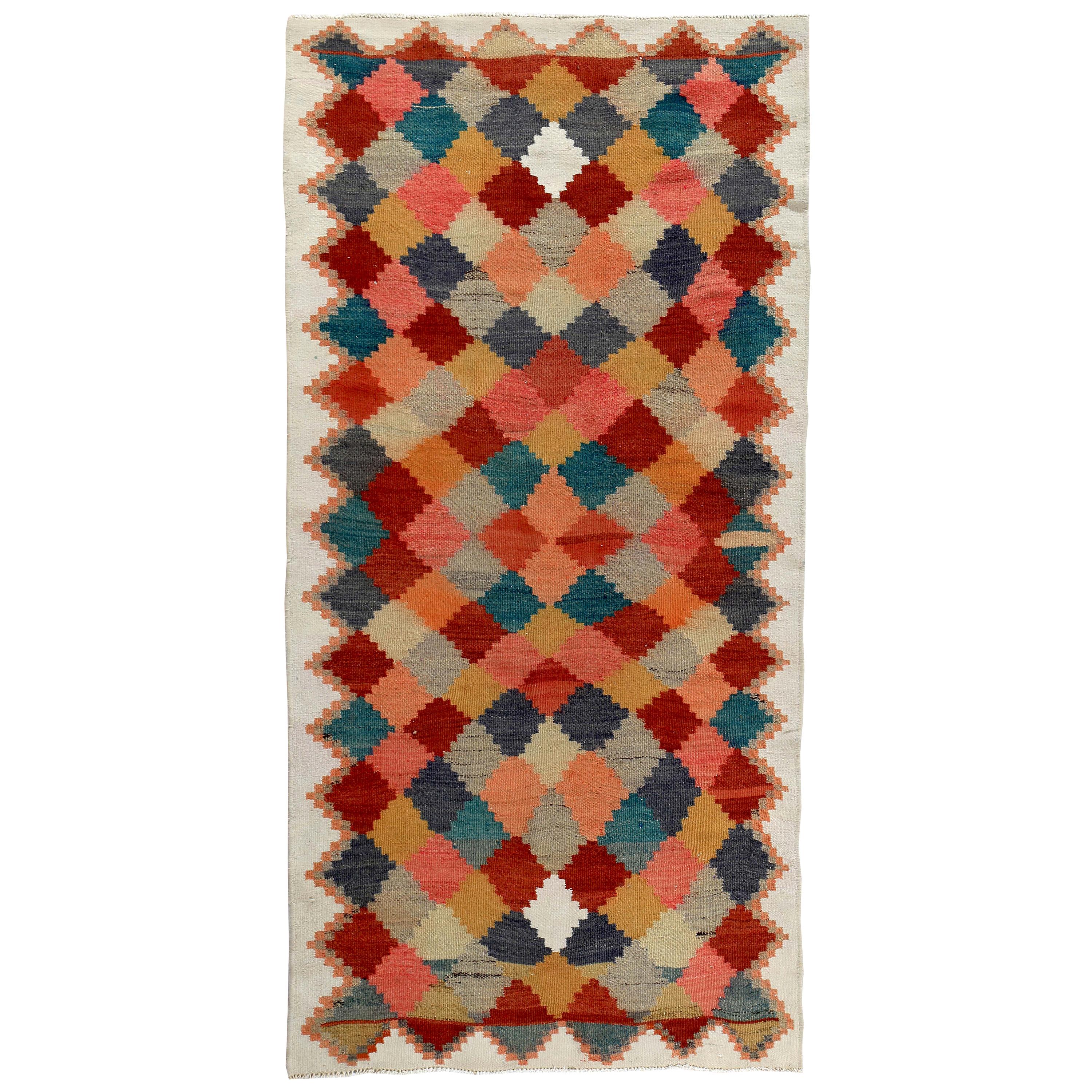 Turkish Kilim Runner Rug with Pink and Red Tribal Diamonds on Ivory Field For Sale