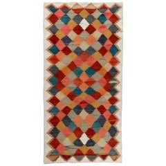 Turkish Kilim Runner Rug with Pink and Red Tribal Diamonds on Ivory Field