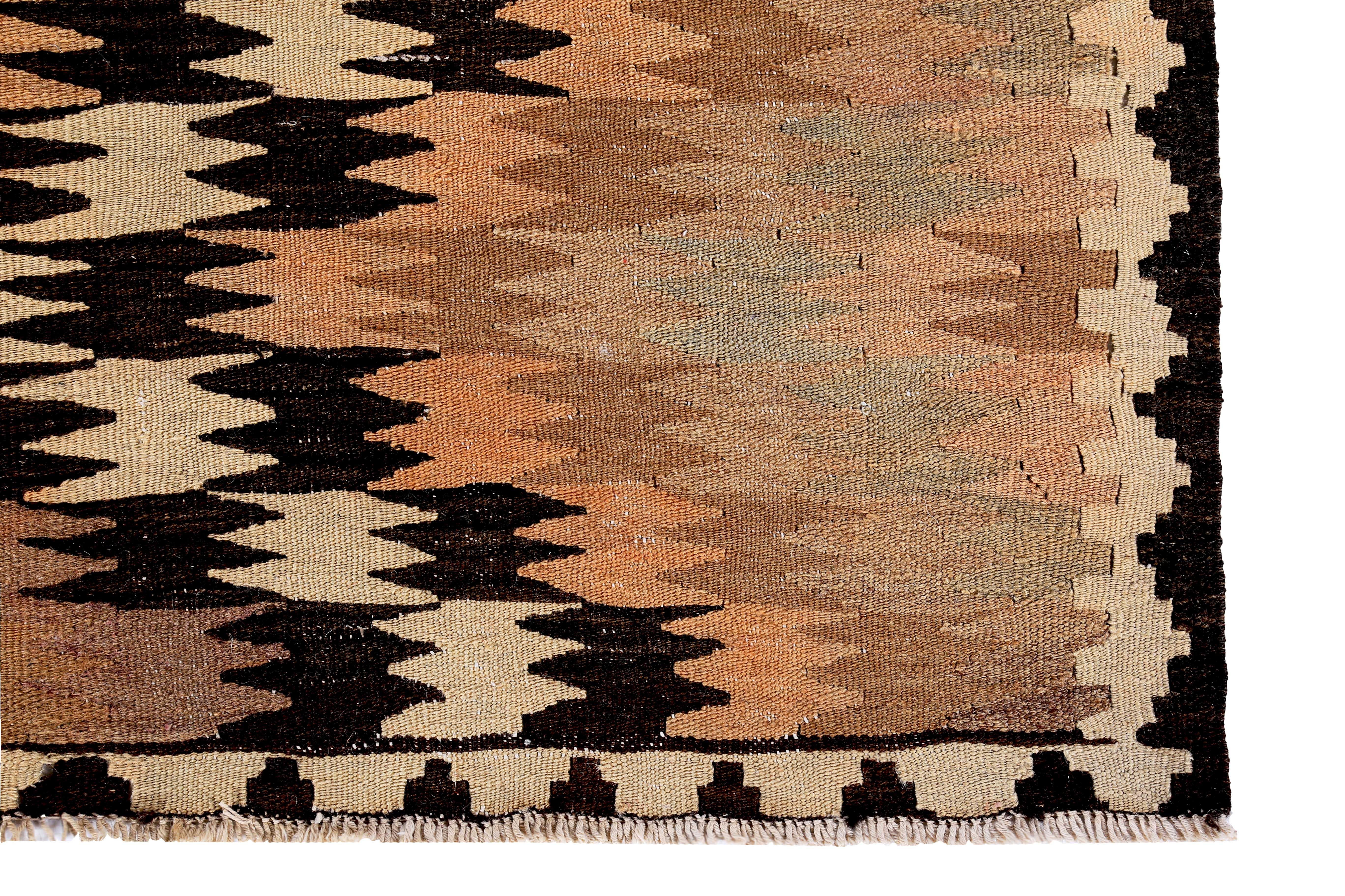 Hand-Woven Turkish Kilim Runner Rug with Pink & Brown Tribal Diamonds on Ivory Field