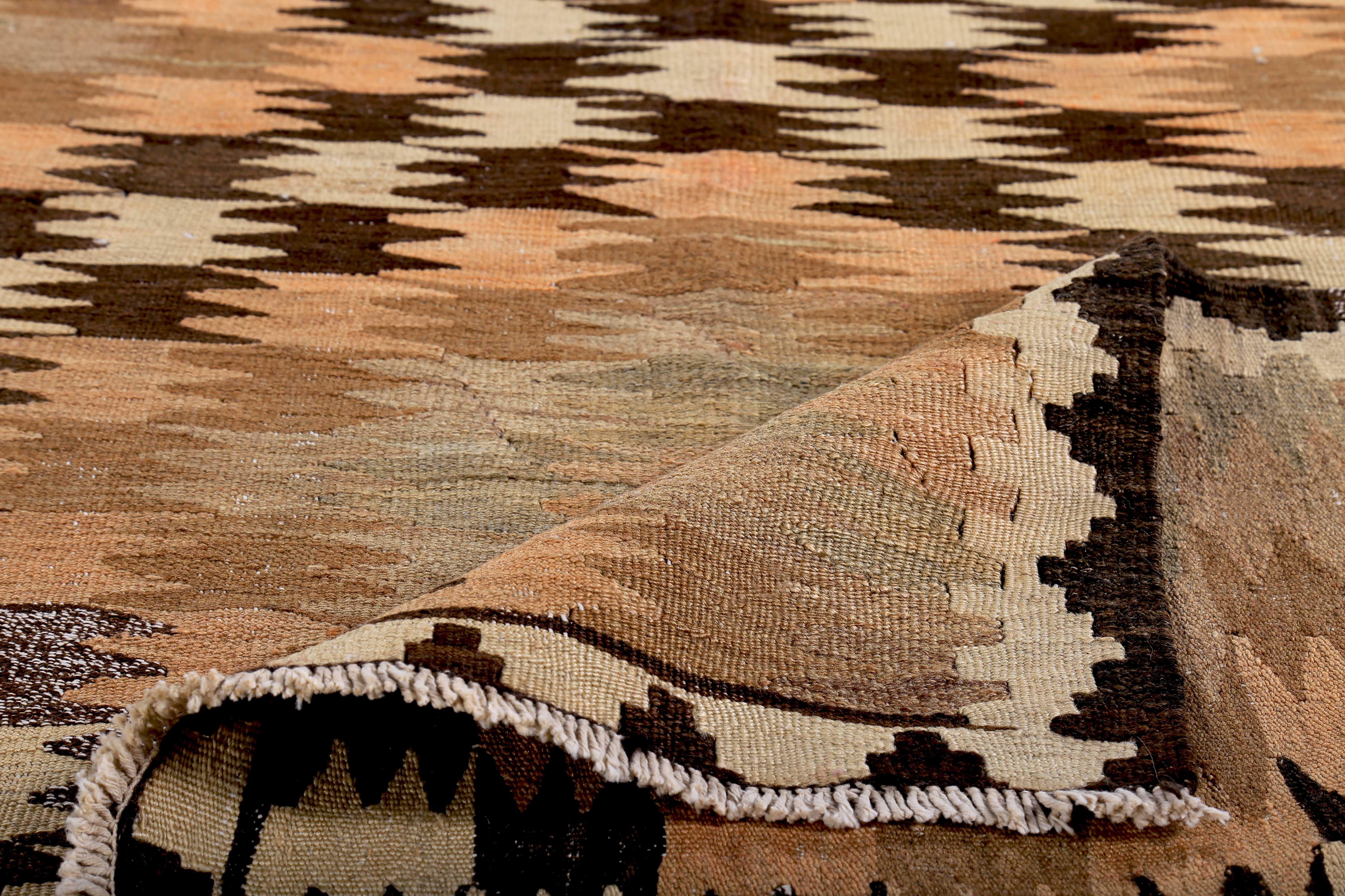 Contemporary Turkish Kilim Runner Rug with Pink & Brown Tribal Diamonds on Ivory Field