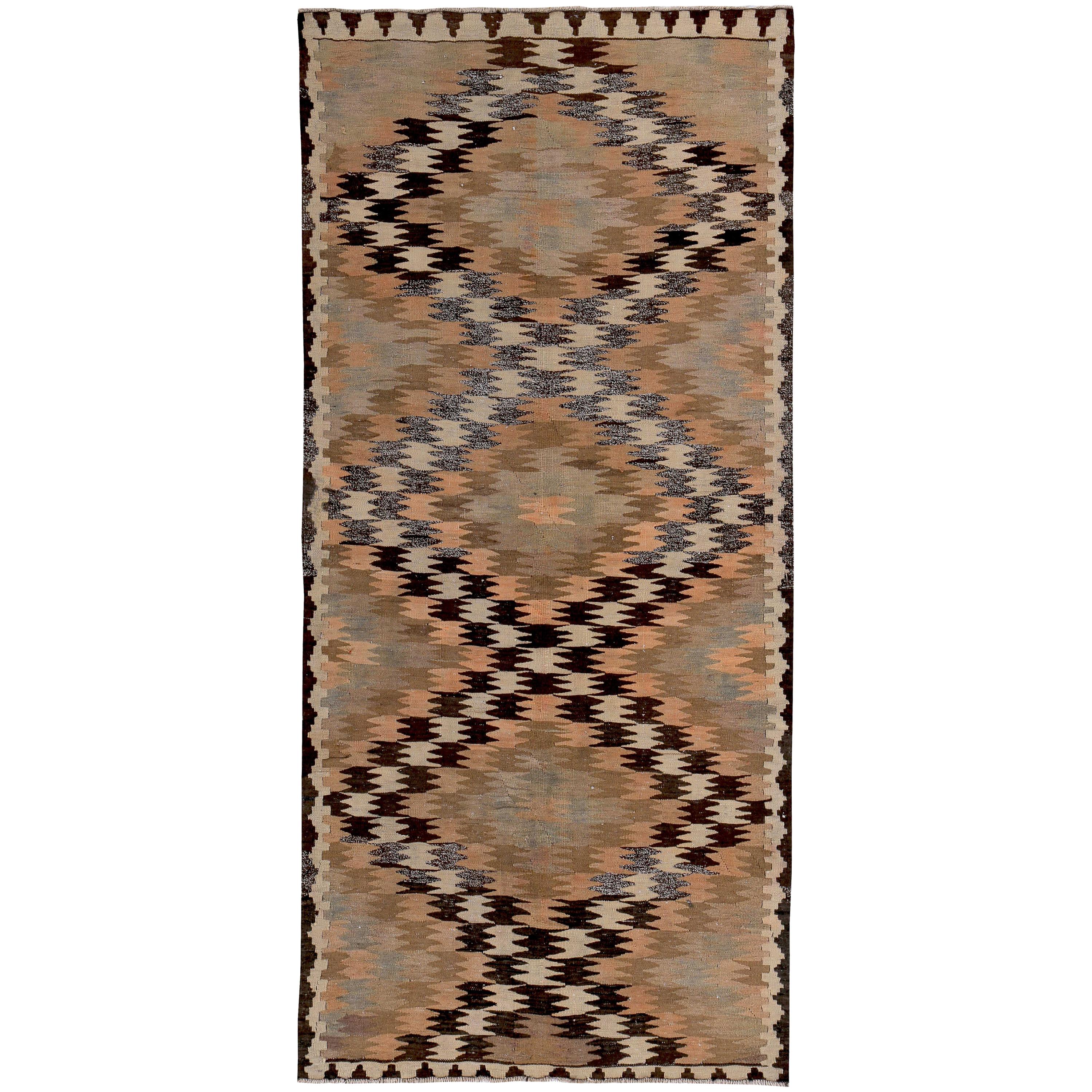 Turkish Kilim Runner Rug with Pink & Brown Tribal Diamonds on Ivory Field