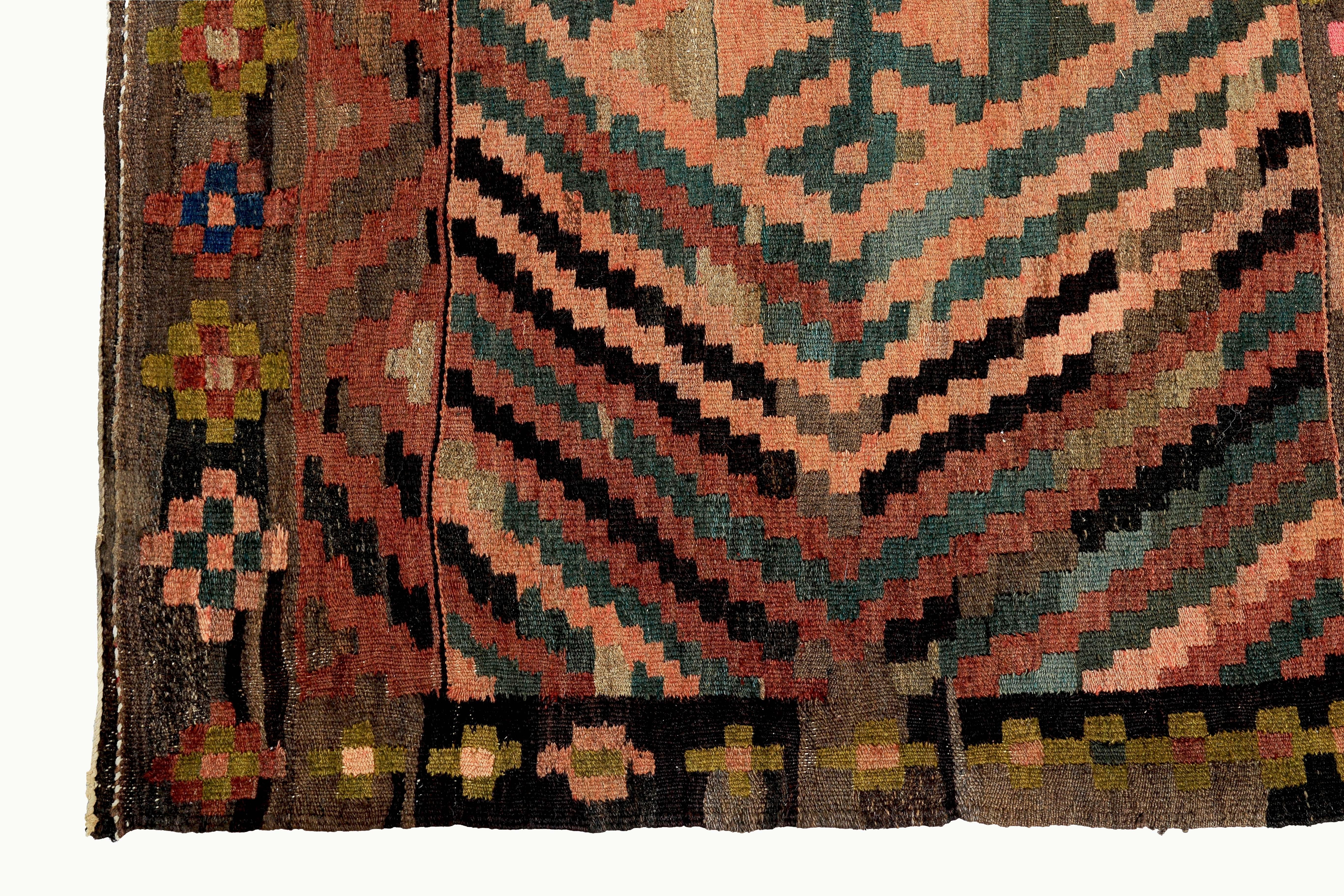 Turkish Kilim Runner Rug with Pink and Green Tribal Details on Brown Field In New Condition For Sale In Dallas, TX