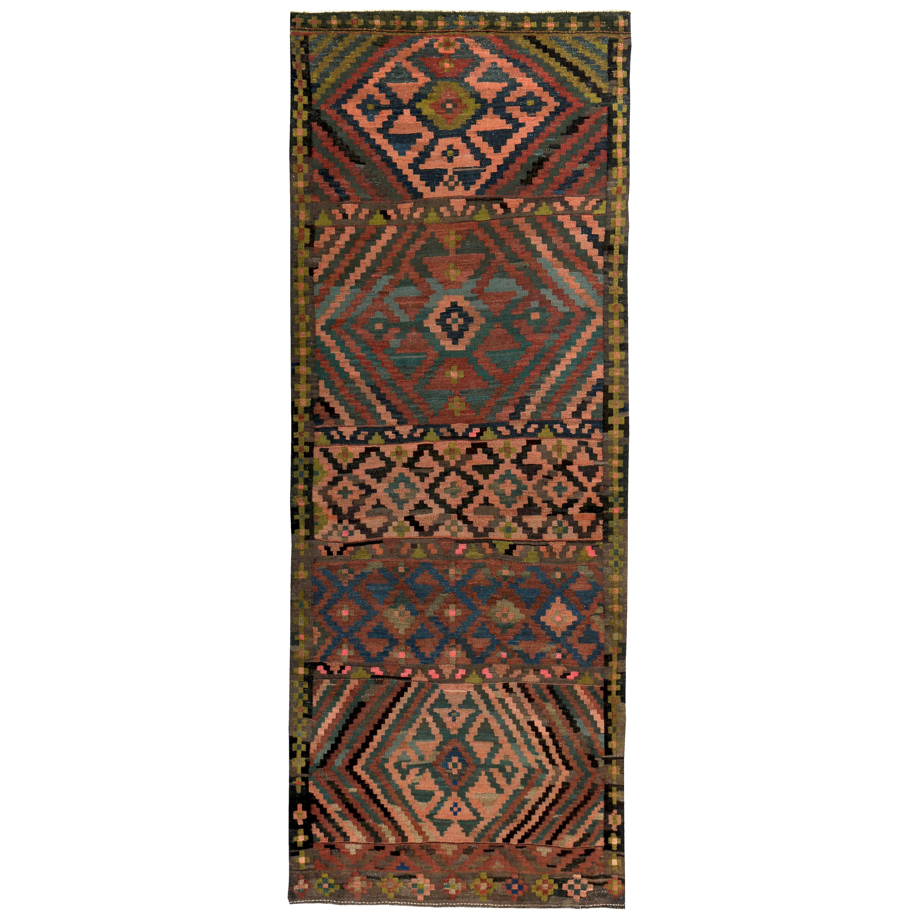 Turkish Kilim Runner Rug with Pink and Green Tribal Details on Brown Field