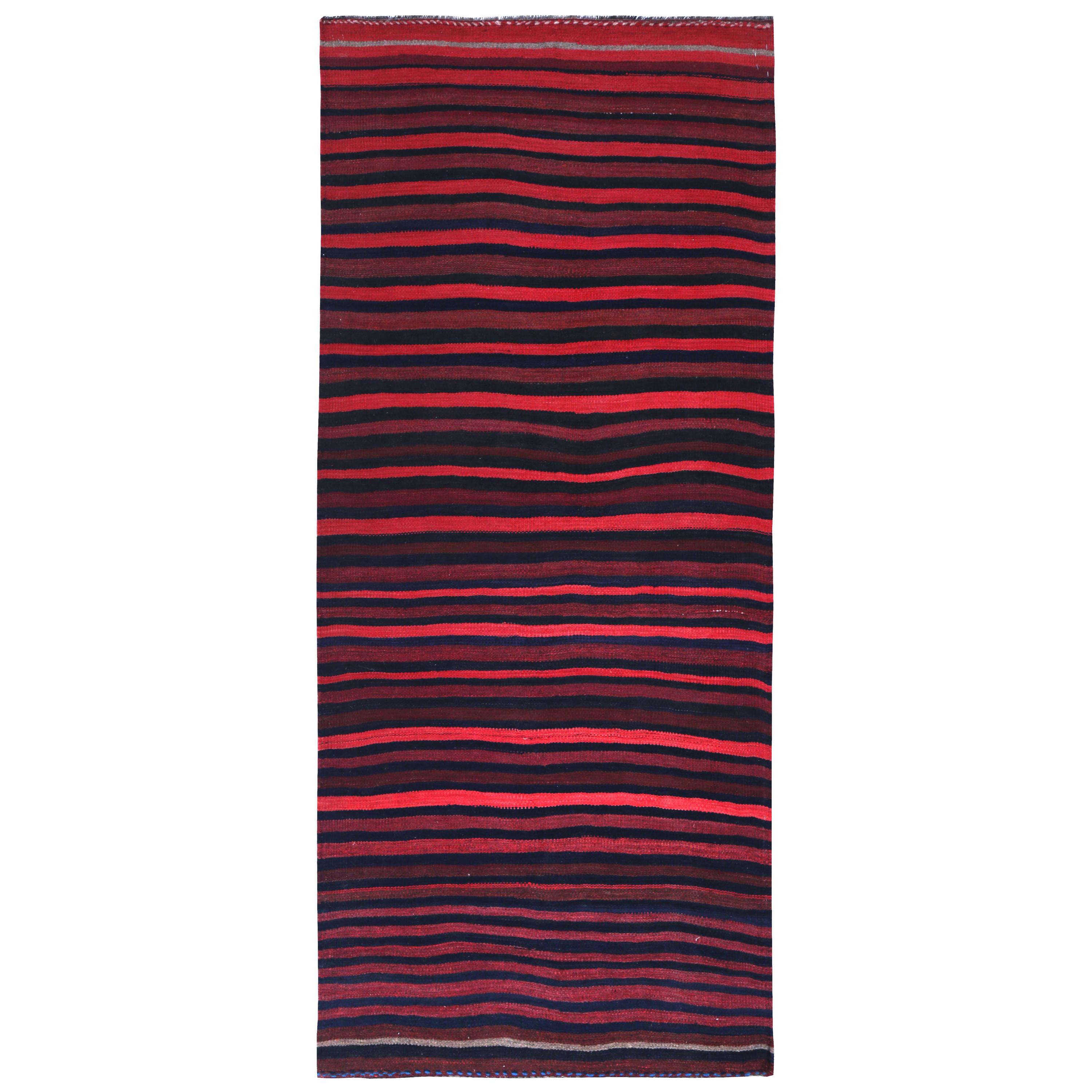 Turkish Kilim Runner Rug with Pink, Navy and Red Stripes