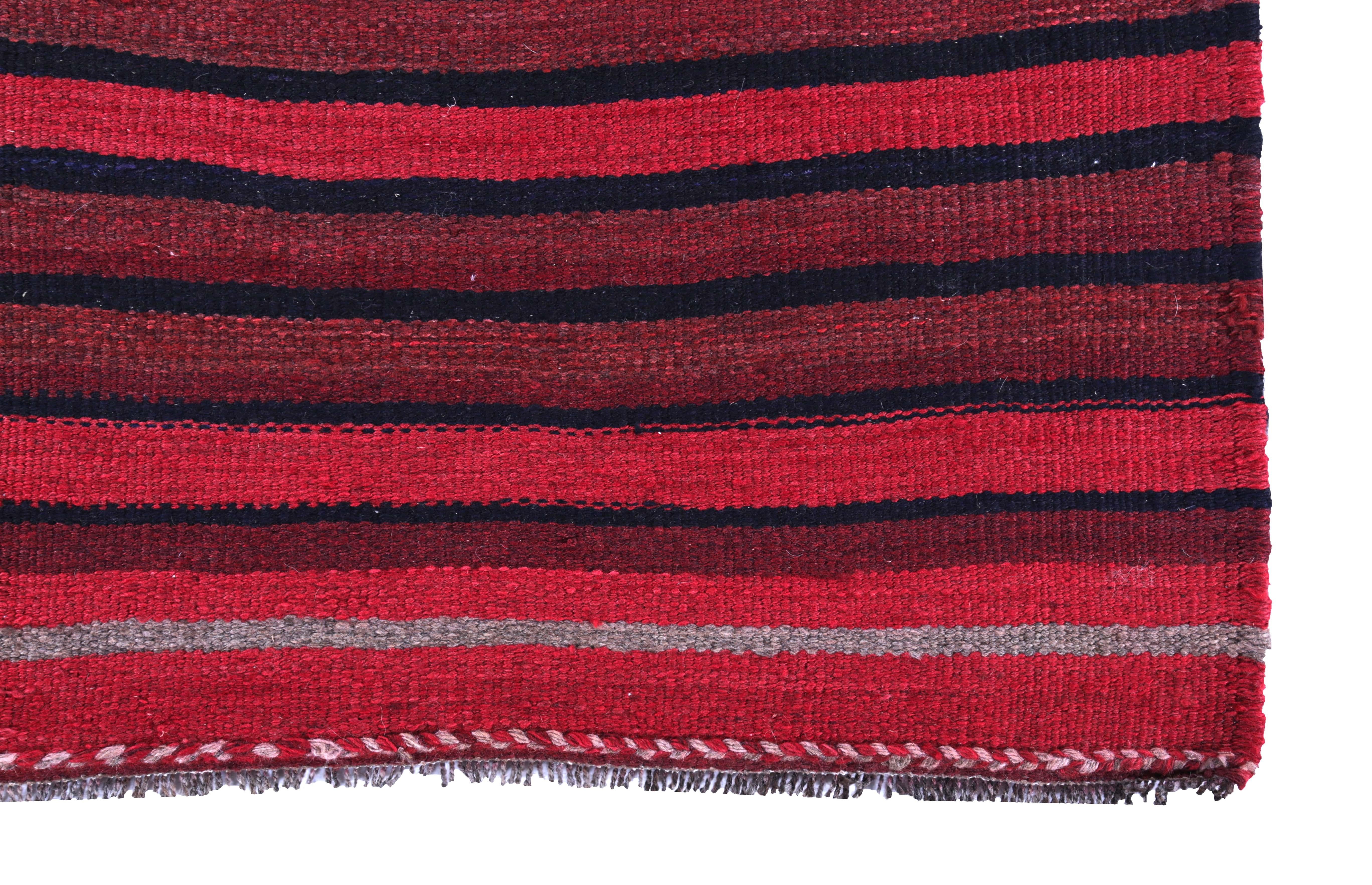 Hand-Woven Turkish Kilim Runner Rug with Pink, Navy and Red Stripes For Sale
