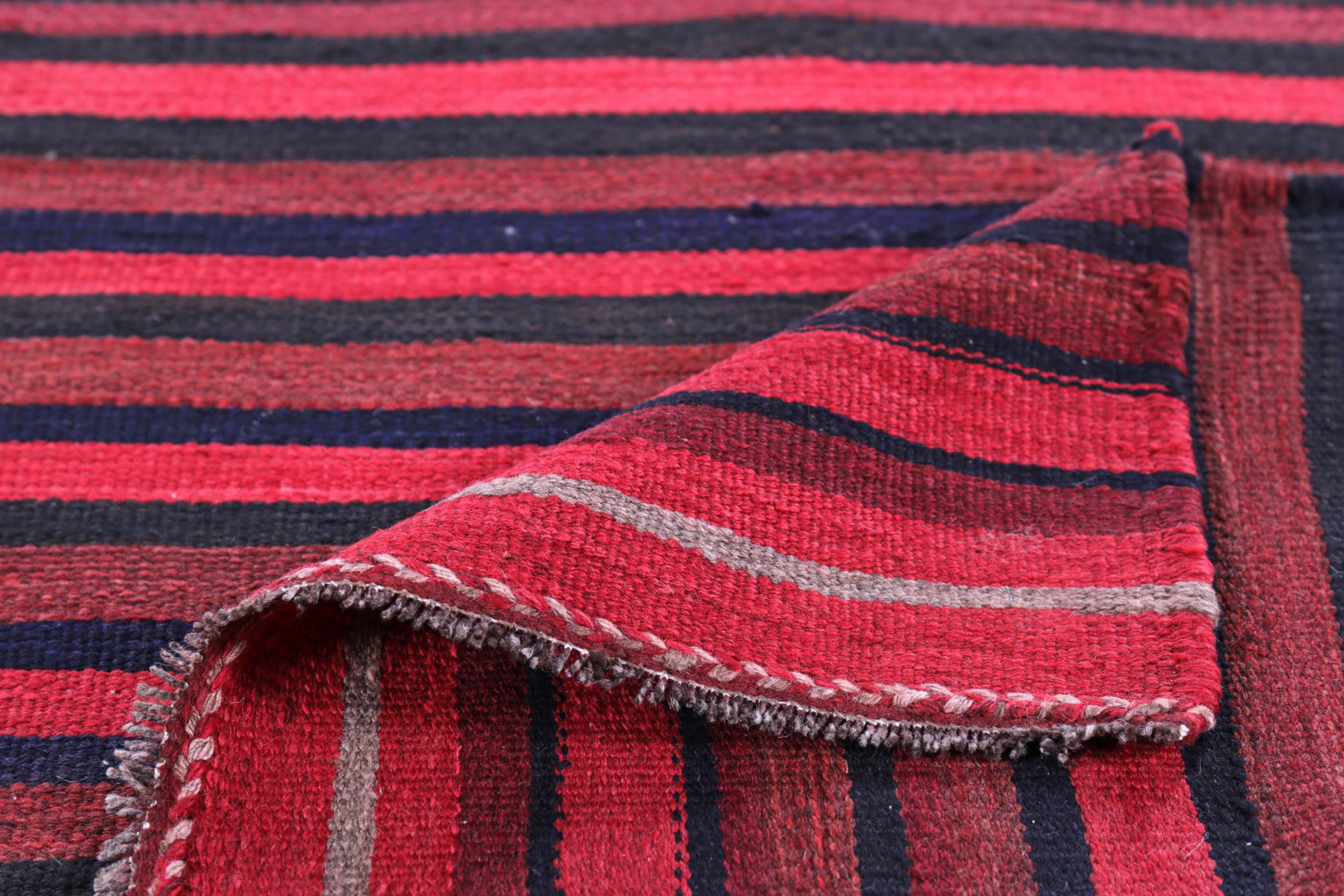 Contemporary Turkish Kilim Runner Rug with Pink, Navy and Red Stripes For Sale