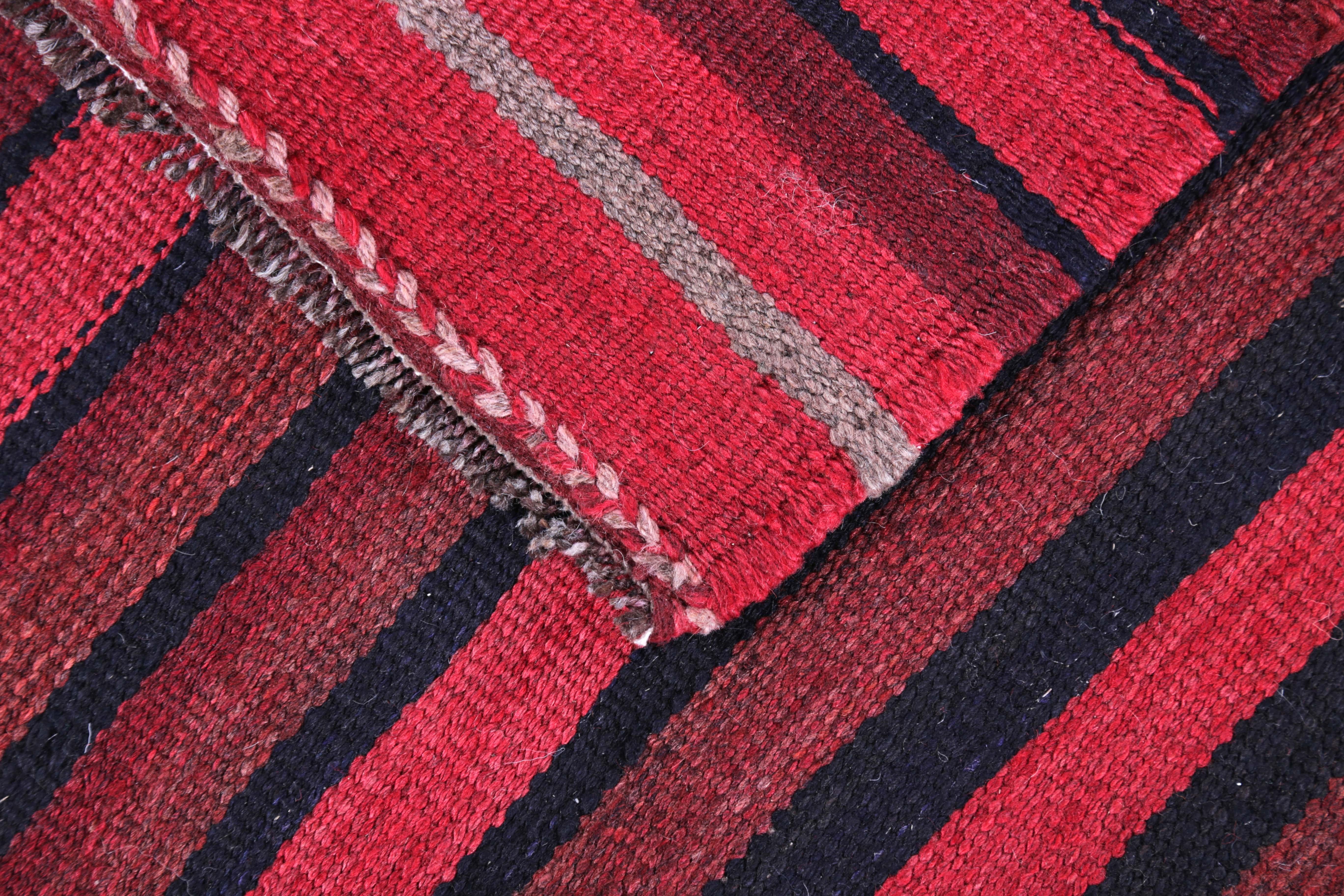 Wool Turkish Kilim Runner Rug with Pink, Navy and Red Stripes For Sale
