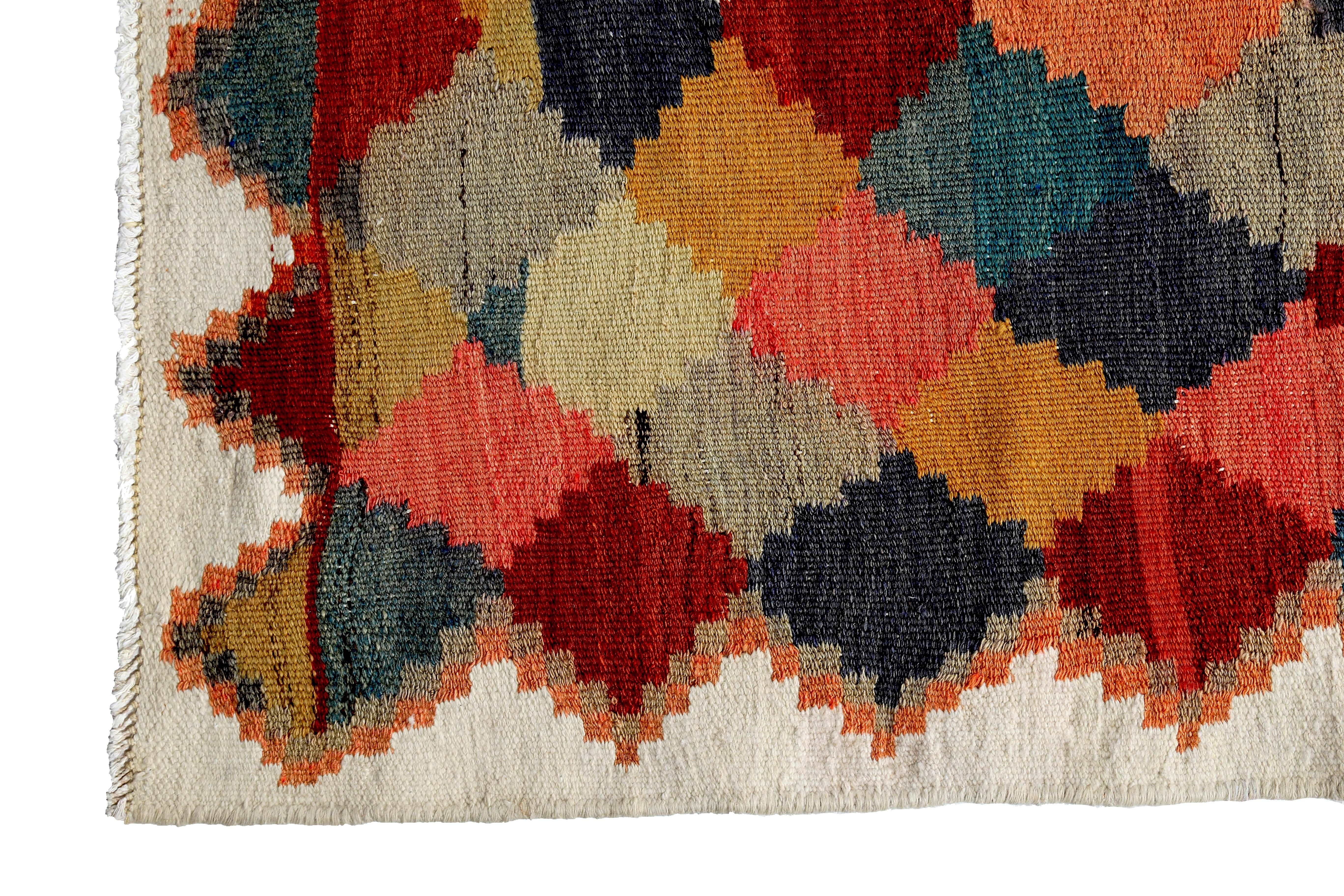 Hand-Woven Turkish Kilim Runner Rug with Pink and Red Tribal Diamonds on Ivory Field For Sale