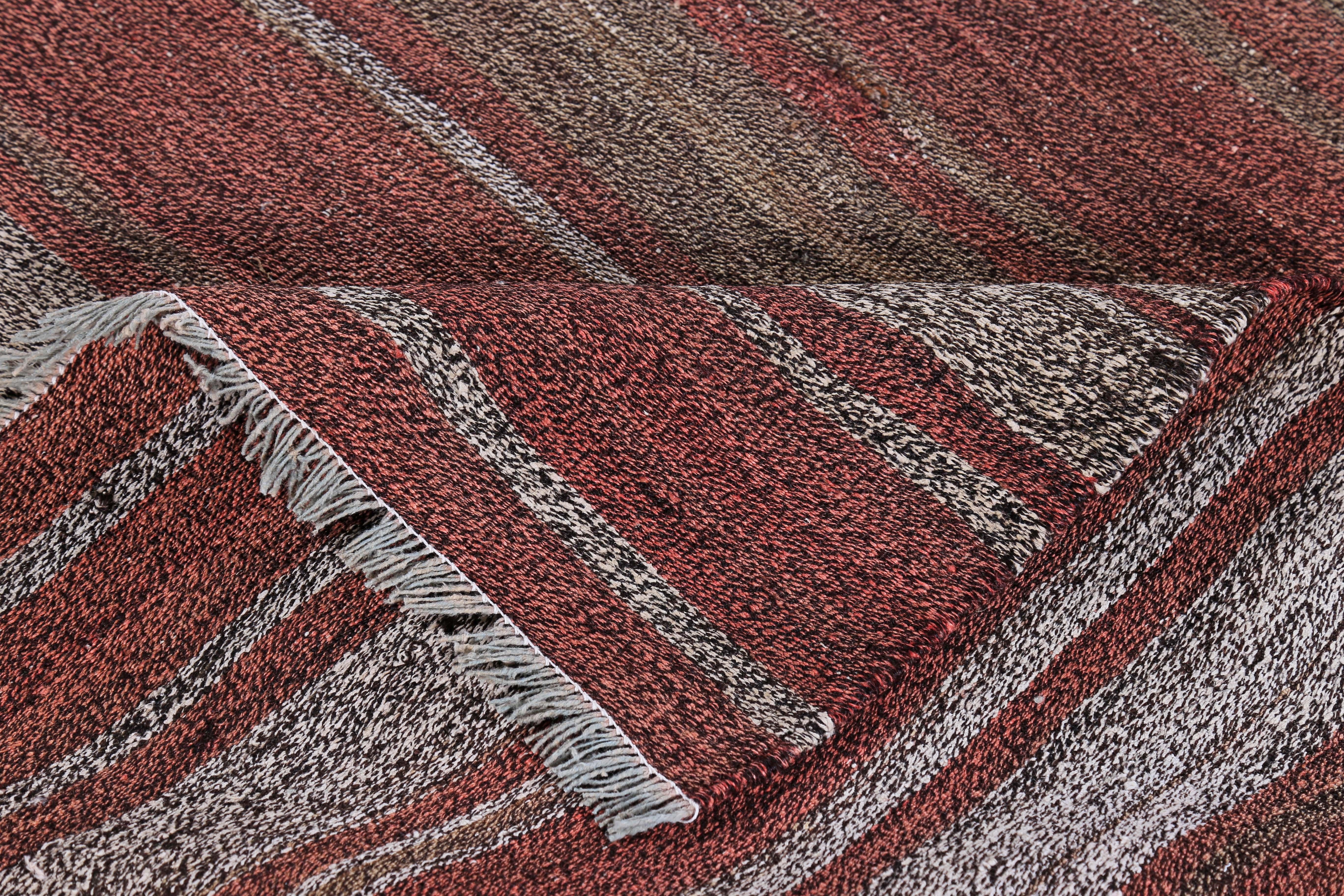 Turkish Kilim Runner Rug with Red, Gray and Brown Stripes Pattern In New Condition For Sale In Dallas, TX