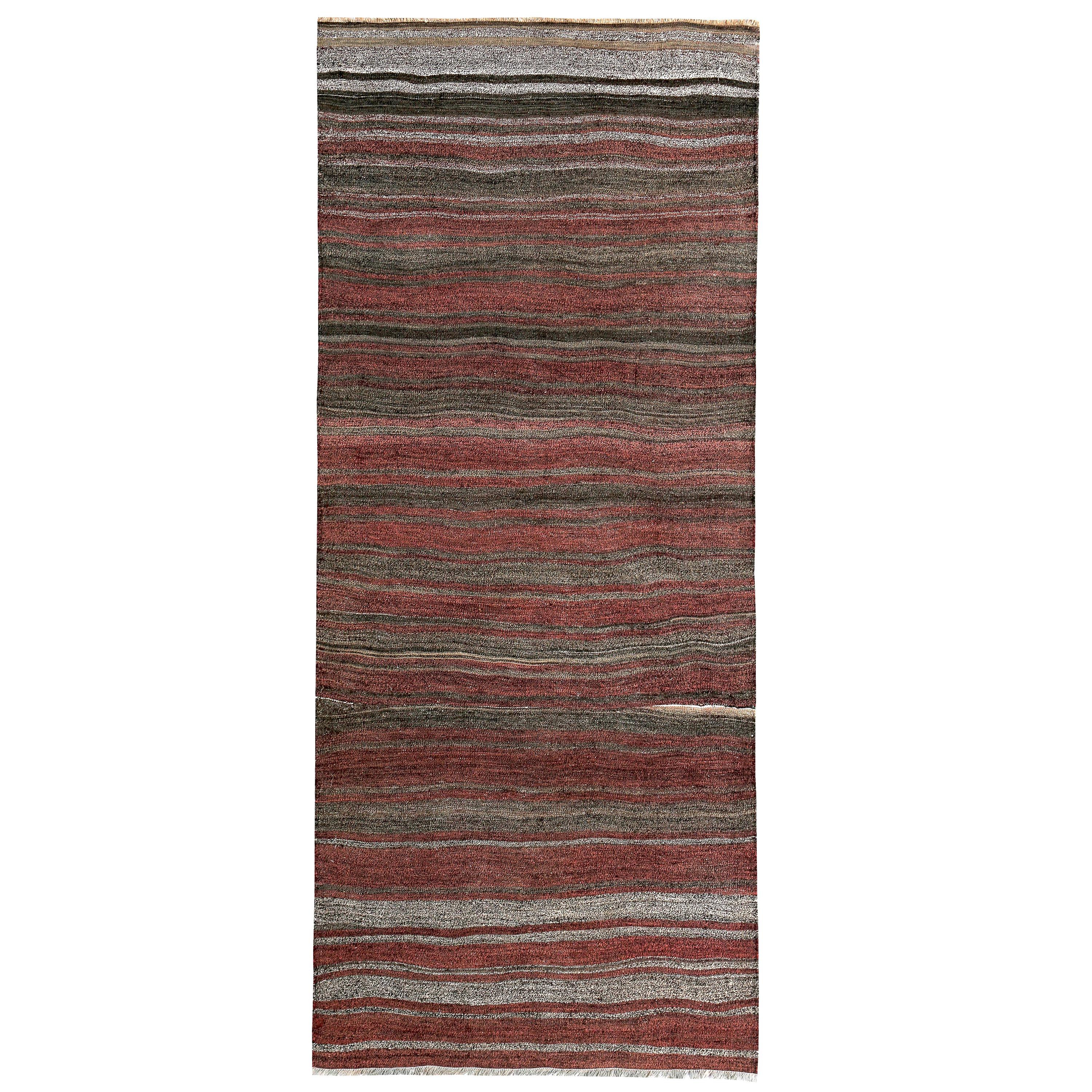 Turkish Kilim Runner Rug with Red, Gray and Brown Stripes Pattern