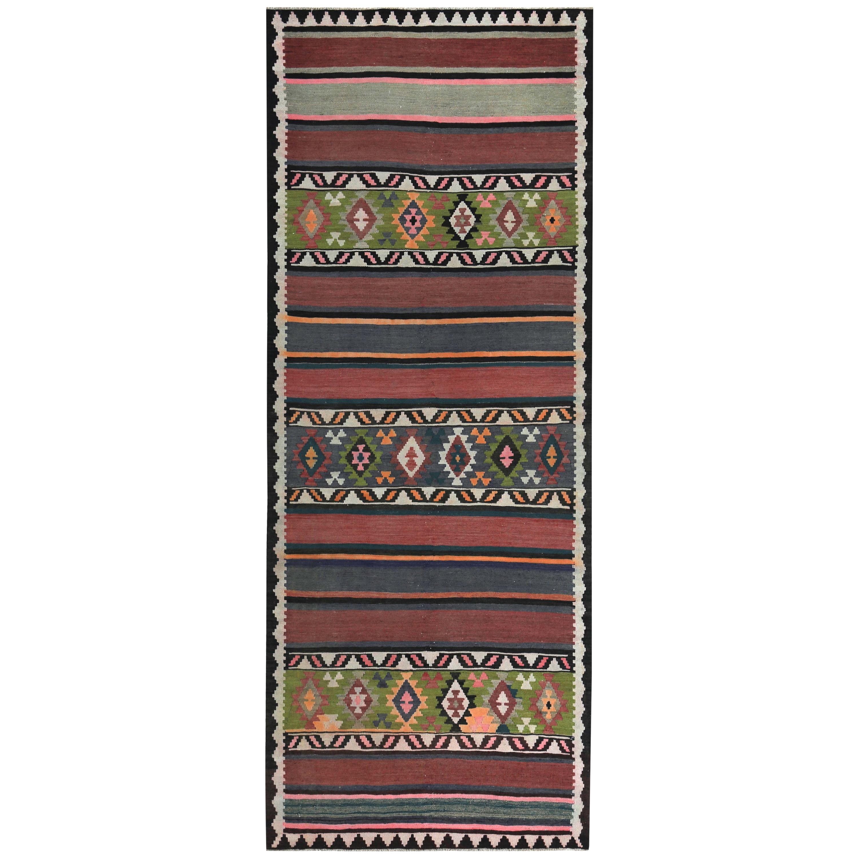 Turkish Kilim Runner Rug with Red, Gray Stripes and Green Diamond Pattern