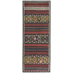 Turkish Kilim Runner Rug with Red, Gray Stripes and Green Diamond Pattern