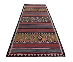 Turkish Kilim Runner Rug with Red, Gray Stripes and Green Diamond Pattern