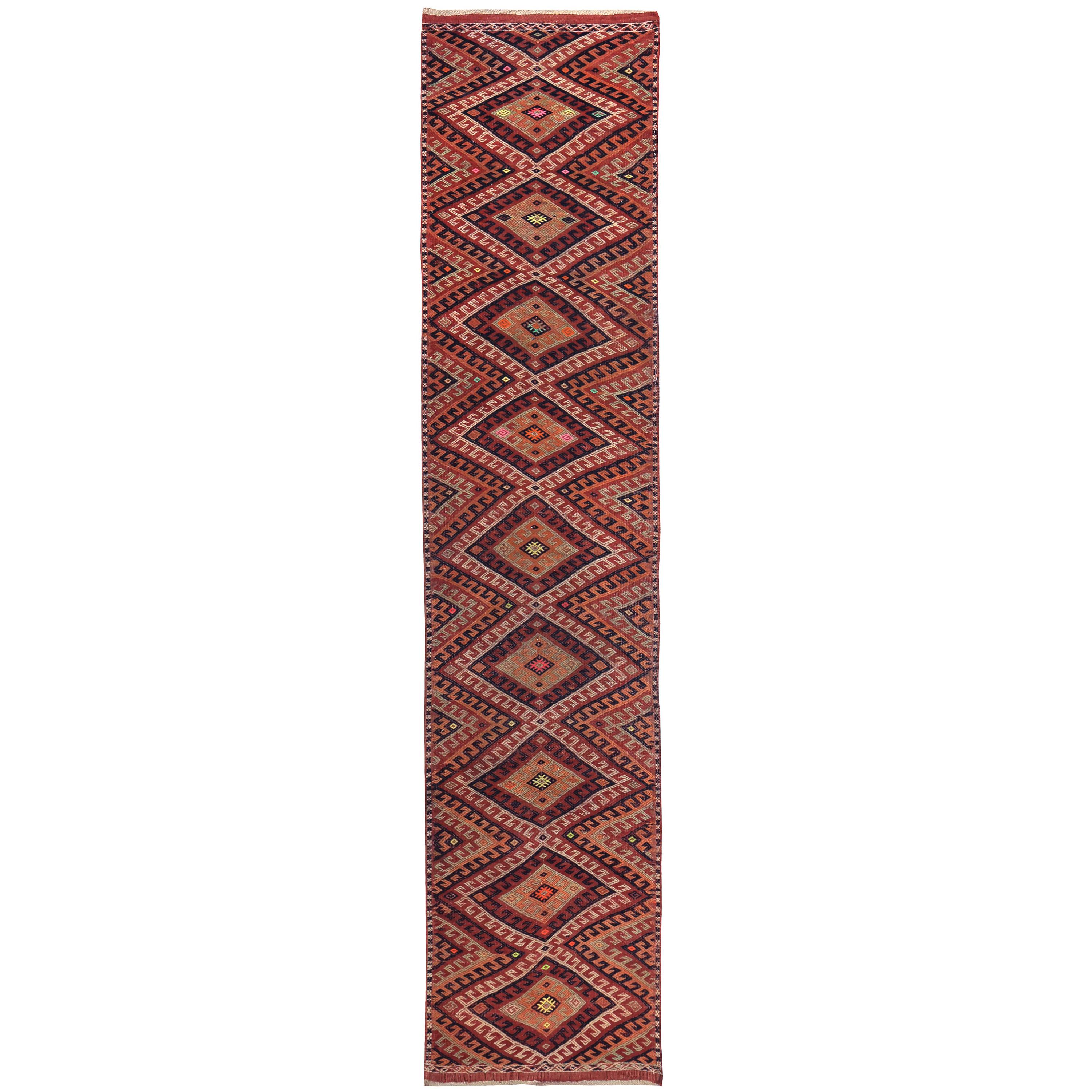 Turkish Kilim Runner Rug with Red, Orange and Ivory Tribal Design For Sale