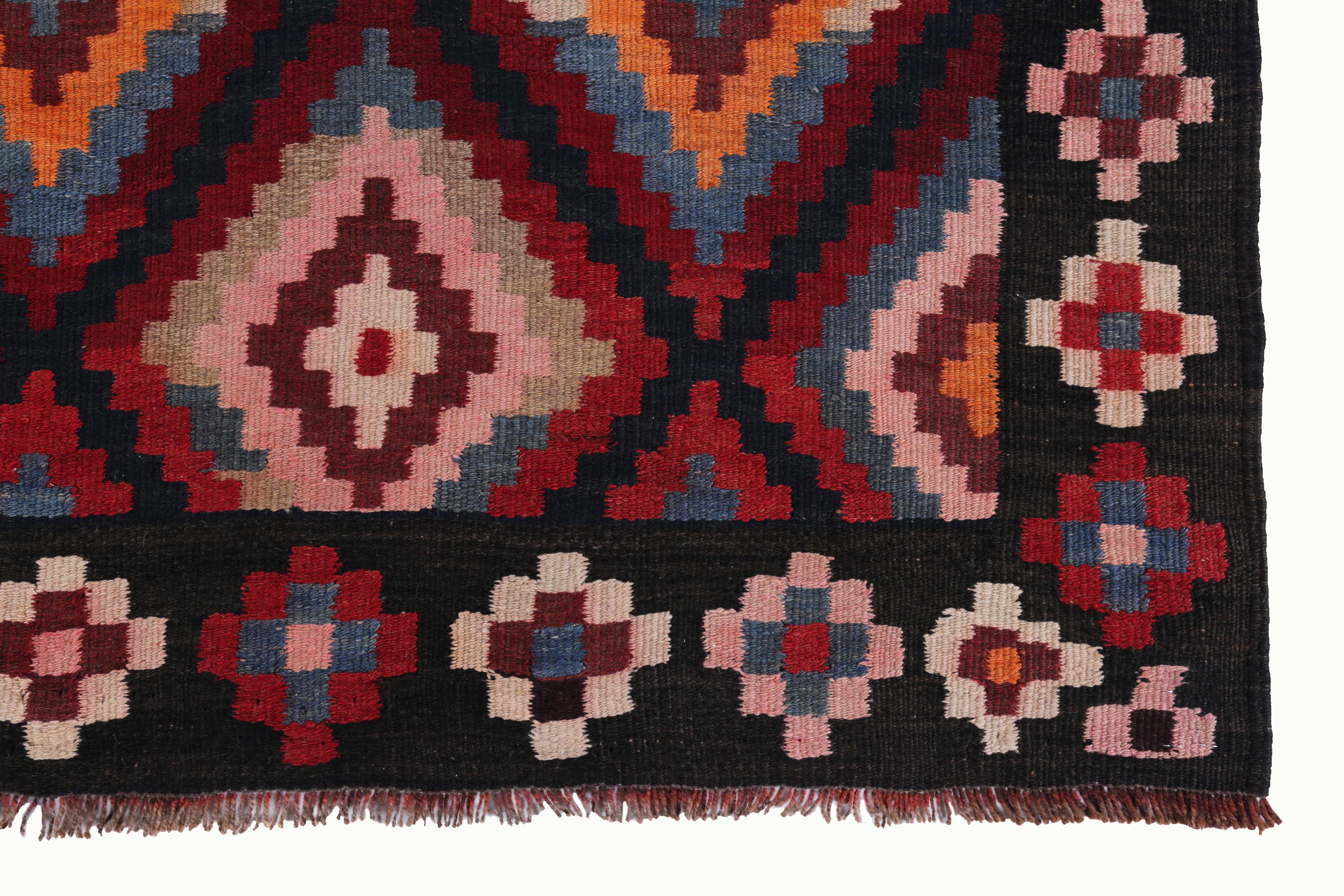 Hand-Woven Turkish Kilim Runner Rug with Red, Orange and Pink Diamond Pattern For Sale