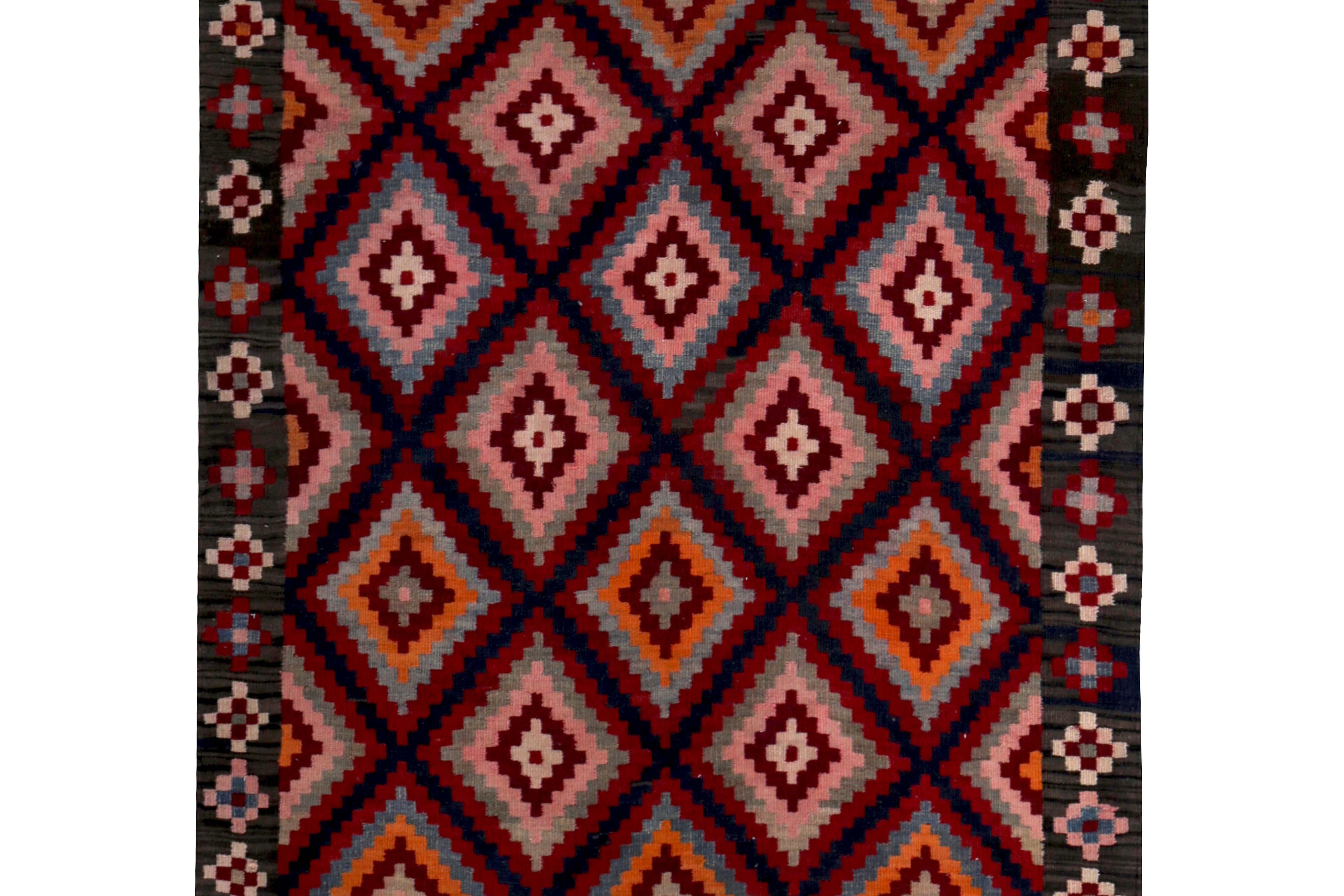 Turkish Kilim Runner Rug with Red, Orange and Pink Diamond Pattern In New Condition For Sale In Dallas, TX