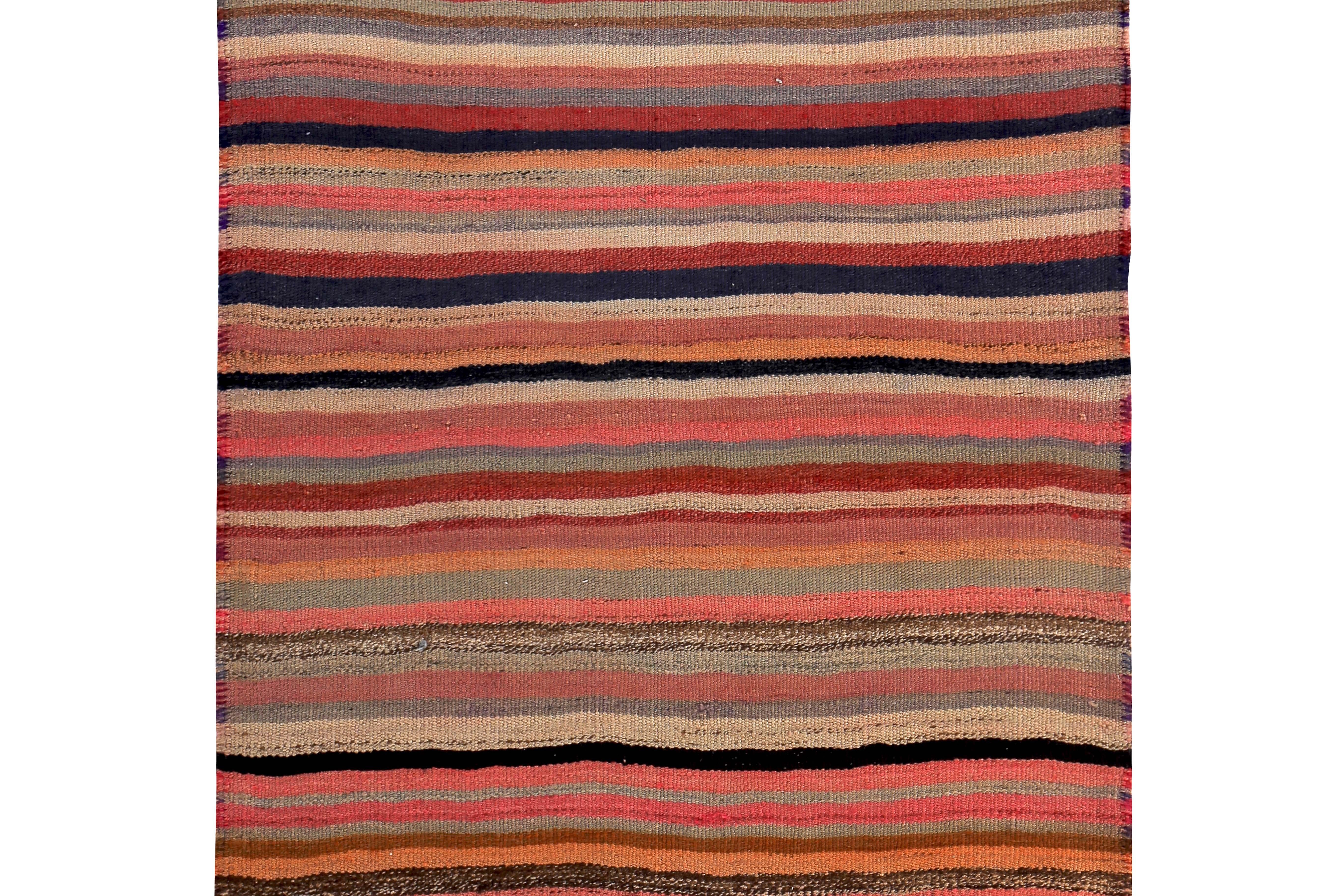 Hand-Woven Turkish Kilim Runner Rug with Red, Orange and Pink Stripes Pattern For Sale