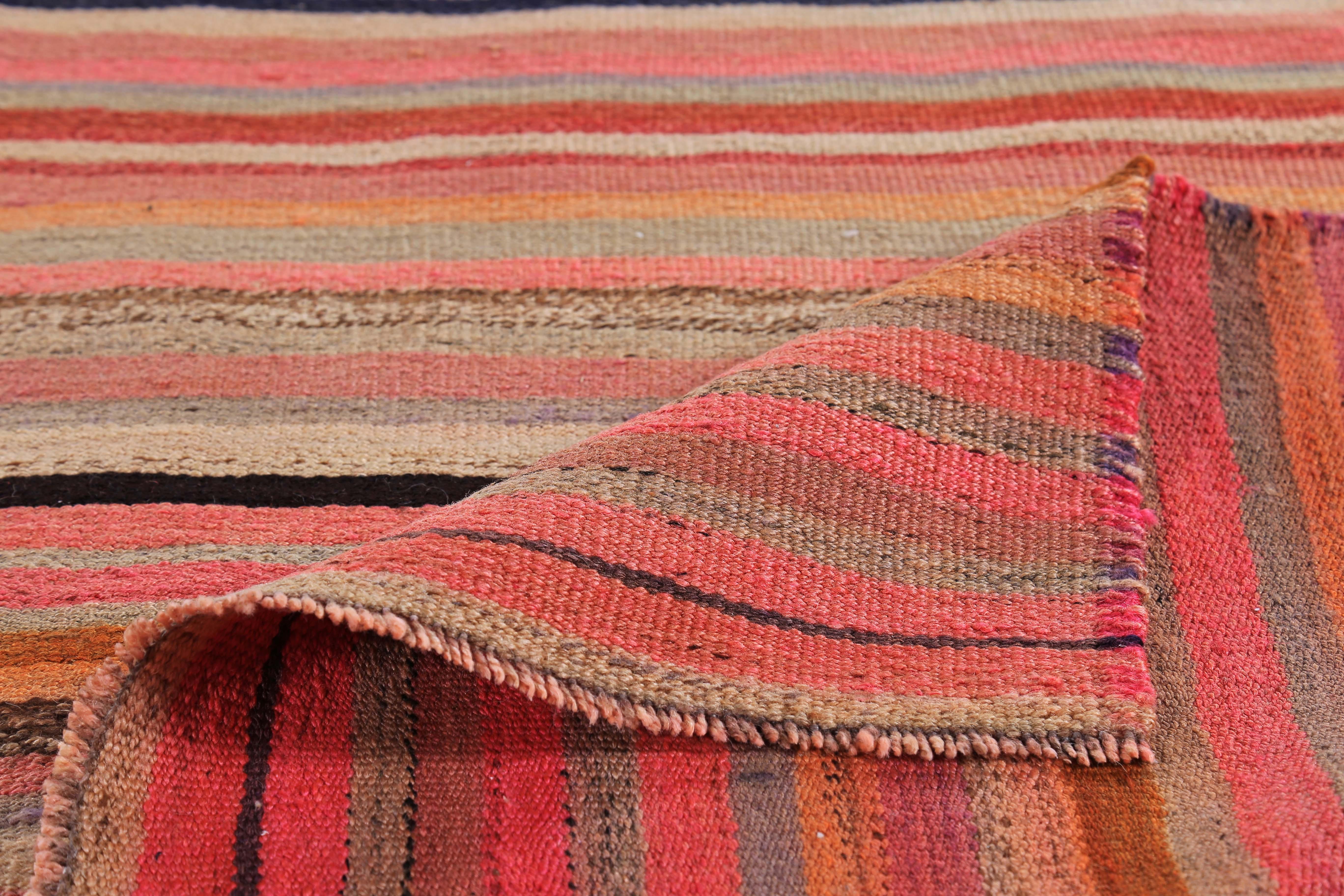 Contemporary Turkish Kilim Runner Rug with Red, Orange and Pink Stripes Pattern For Sale